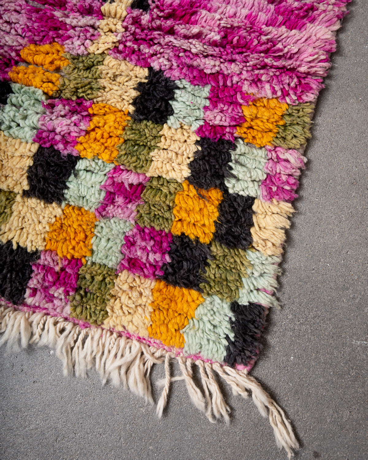 Modern, designer, handcrafted Berber runner rug from Morocco. Vintage carpet with beautiful colours and patterns and fluffy texture