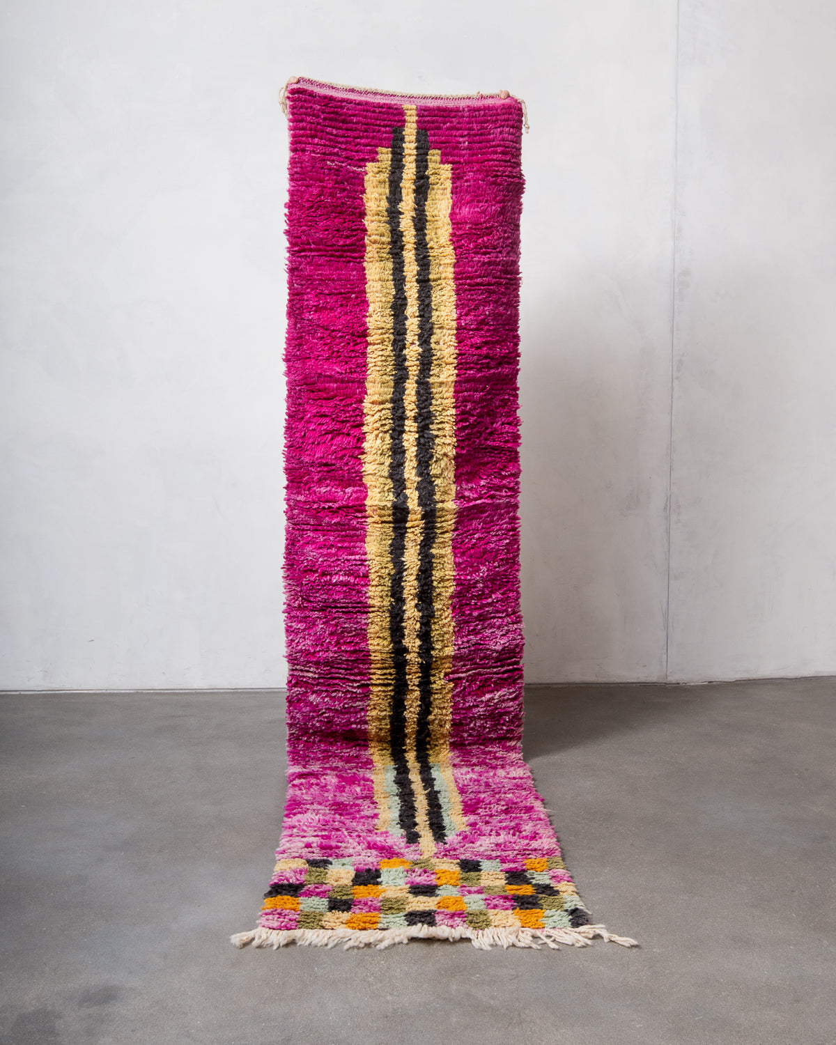 Modern, designer, handcrafted Berber runner rug from Morocco. Vintage carpet with beautiful colours and patterns and fluffy texture