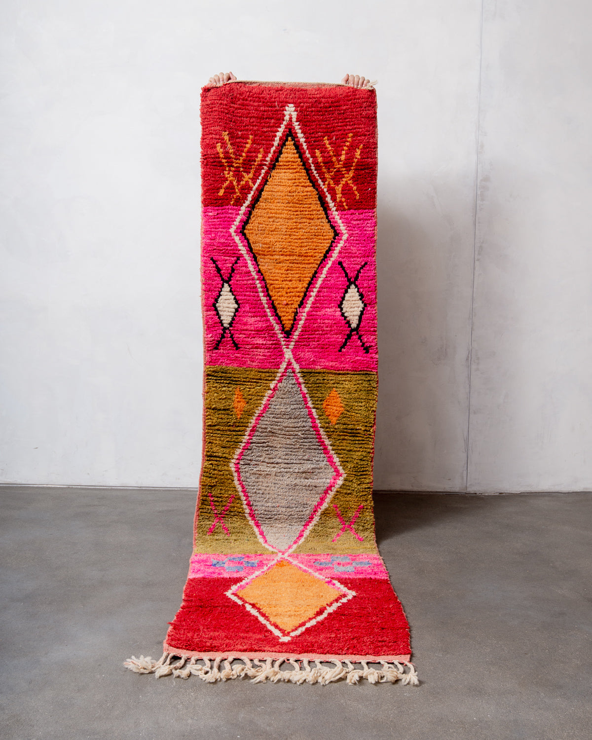 Modern, designer, handcrafted Berber runner rug from Morocco. Vintage carpet with beautiful colours and patterns and fluffy texture