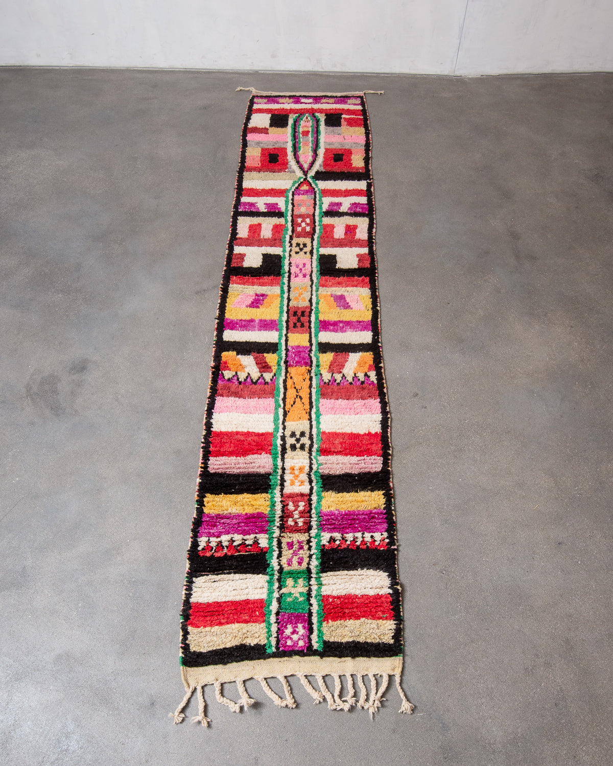 Modern, designer, handcrafted Berber runner rug from Morocco. Vintage carpet with beautiful colours and patterns and fluffy texture