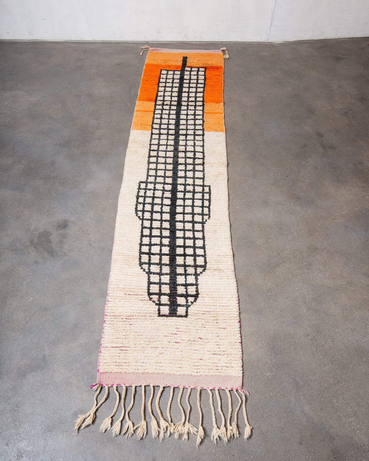 Modern, designer, handcrafted Berber runner rug from Morocco. Vintage carpet with beautiful colours and patterns and fluffy texture