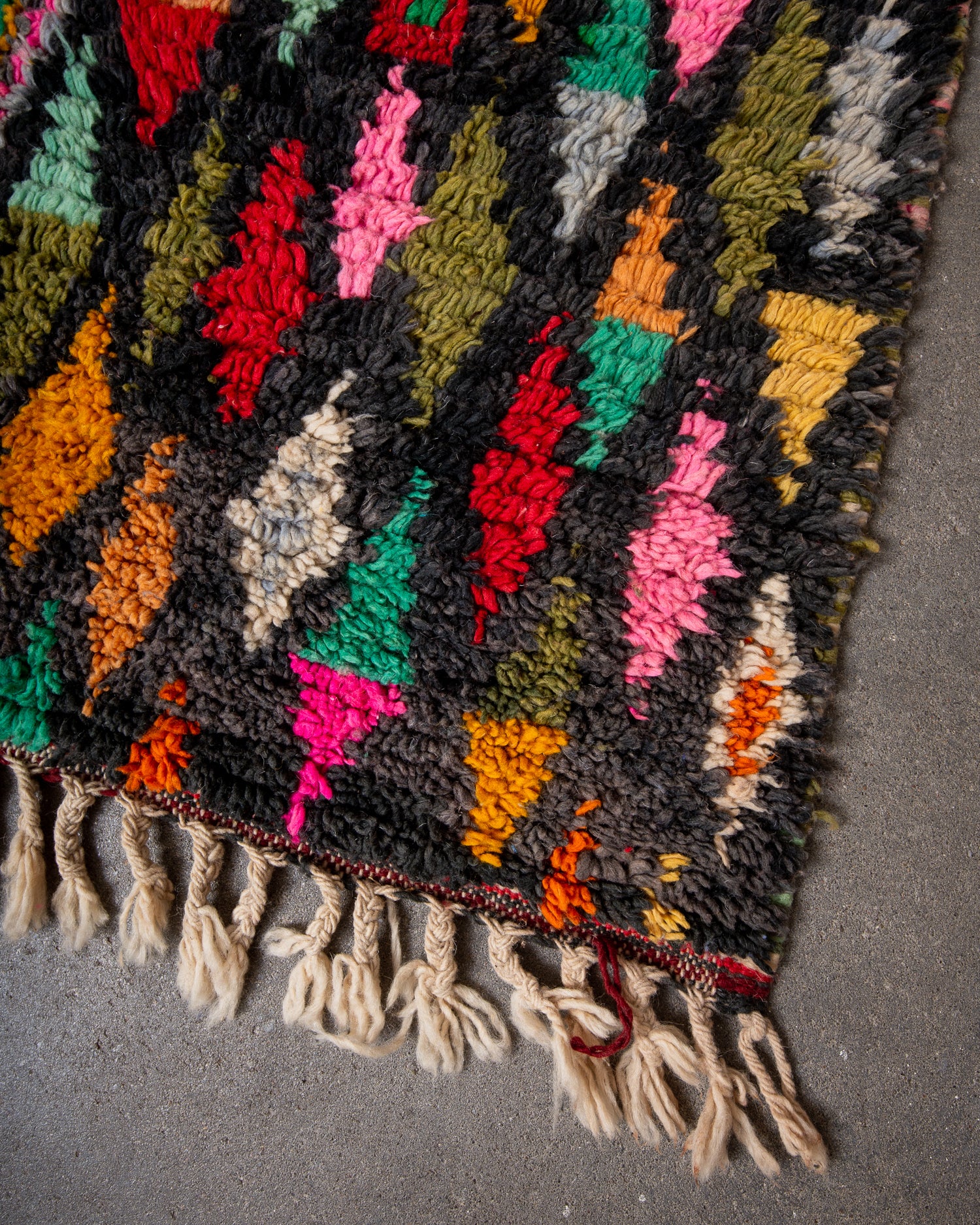 Modern, designer, handcrafted Berber rug from Morocco. Vintage carpet with beautiful colours and patterns and fluffy texture.