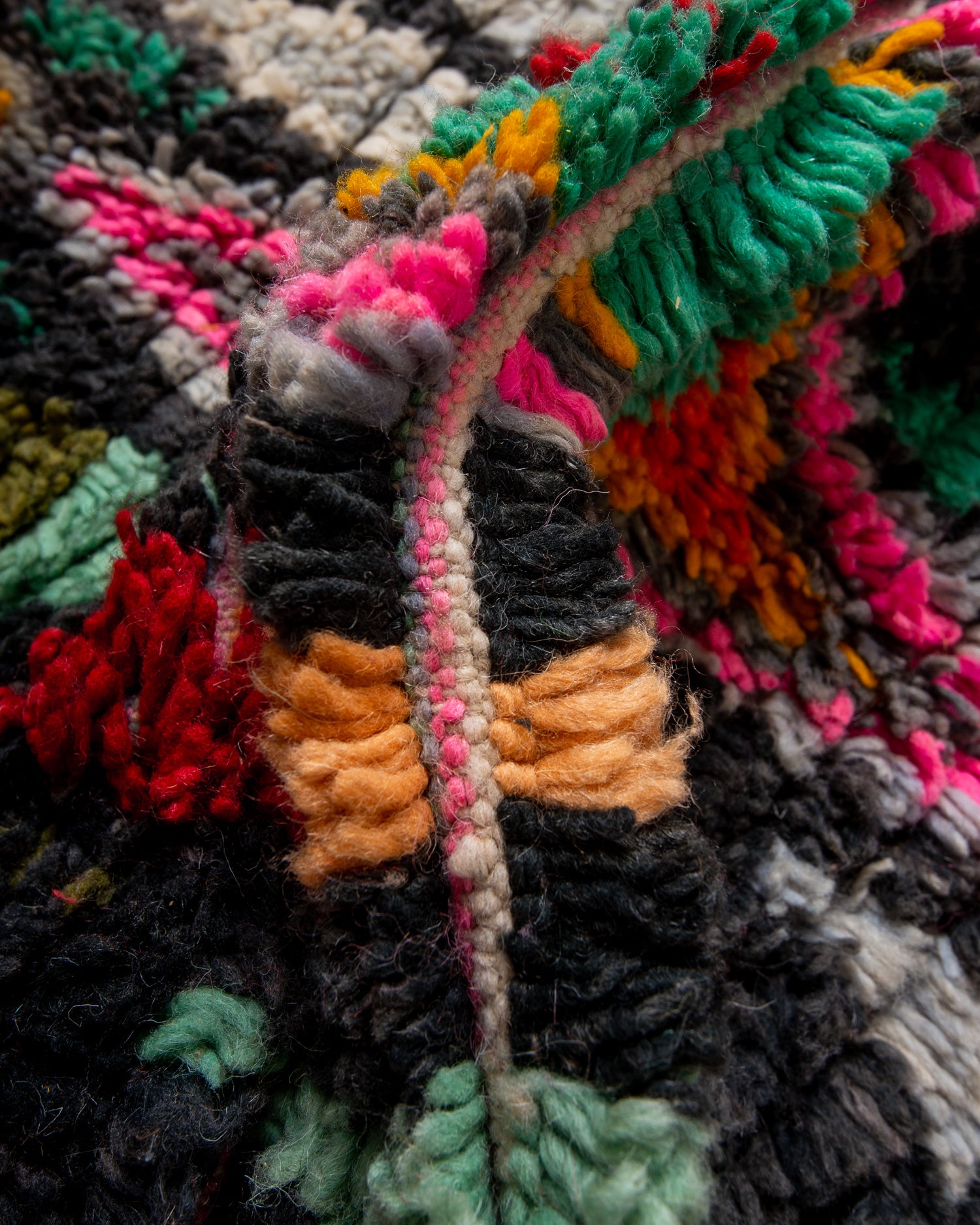 Modern, designer, handcrafted Berber rug from Morocco. Vintage carpet with beautiful colours and patterns and fluffy texture.