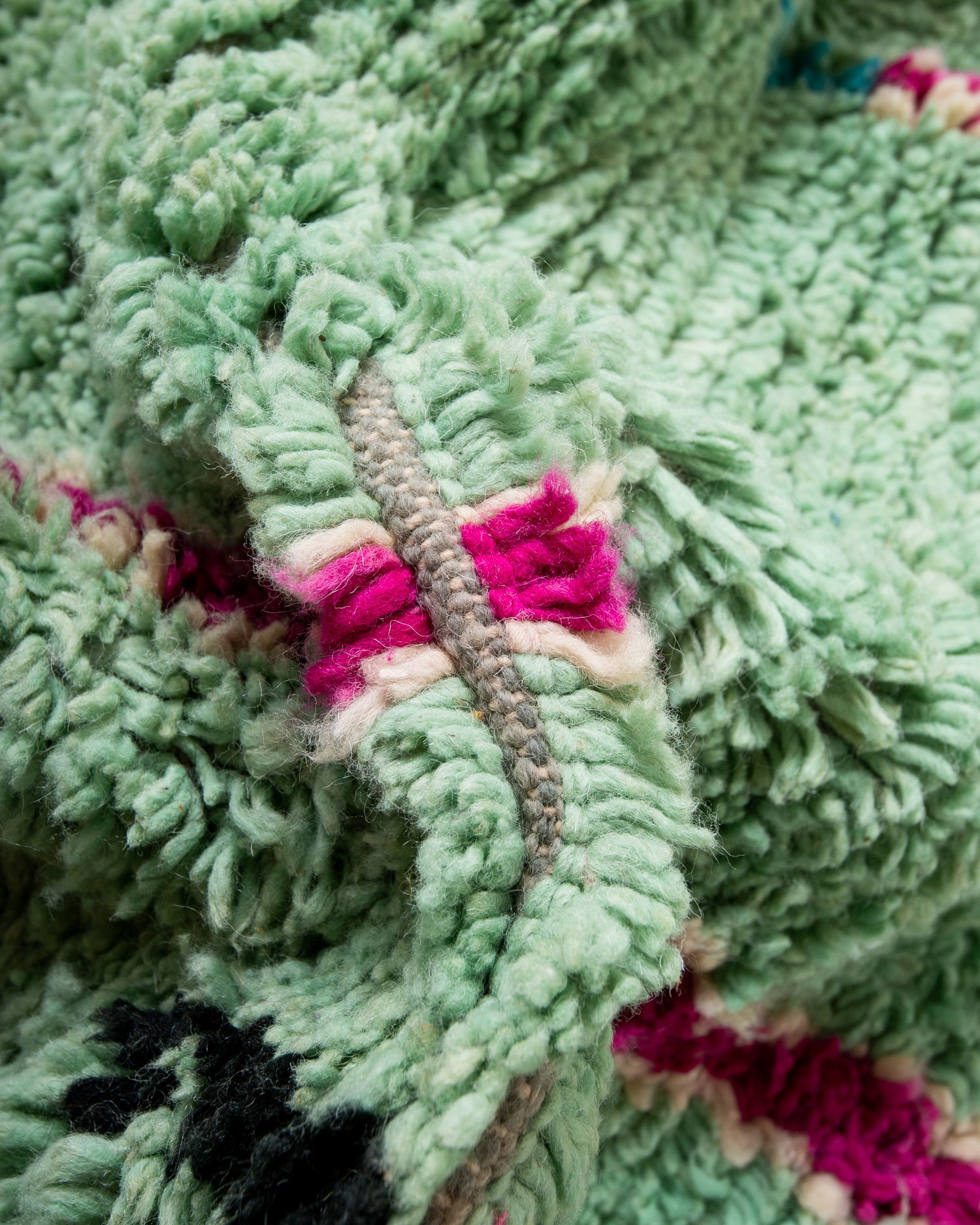 Modern, designer, handcrafted Berber rug from Morocco. Vintage carpet with beautiful colours and patterns and fluffy texture.