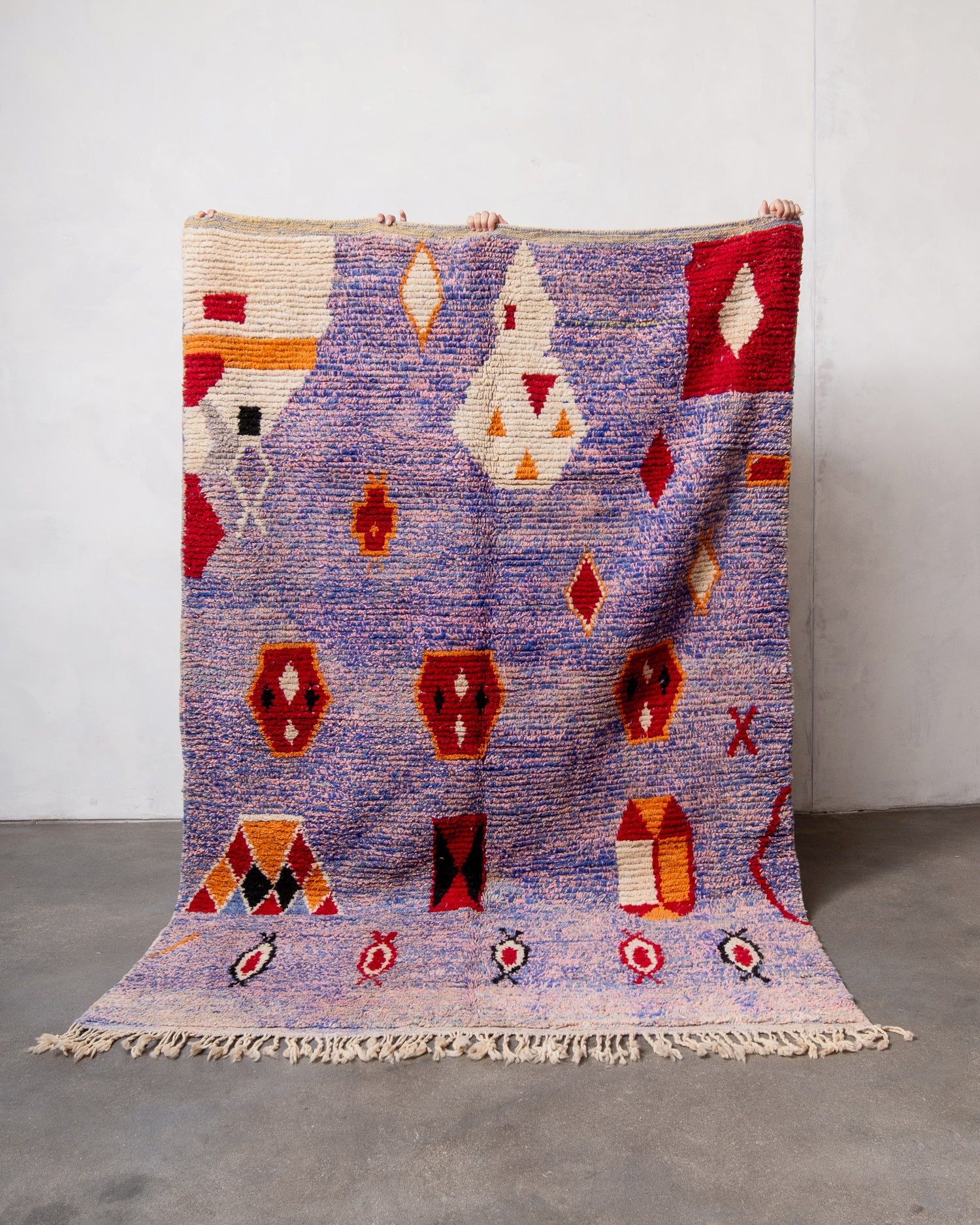 Modern, designer, handcrafted Berber rug from Morocco. Vintage carpet with beautiful colours and patterns and fluffy texture.