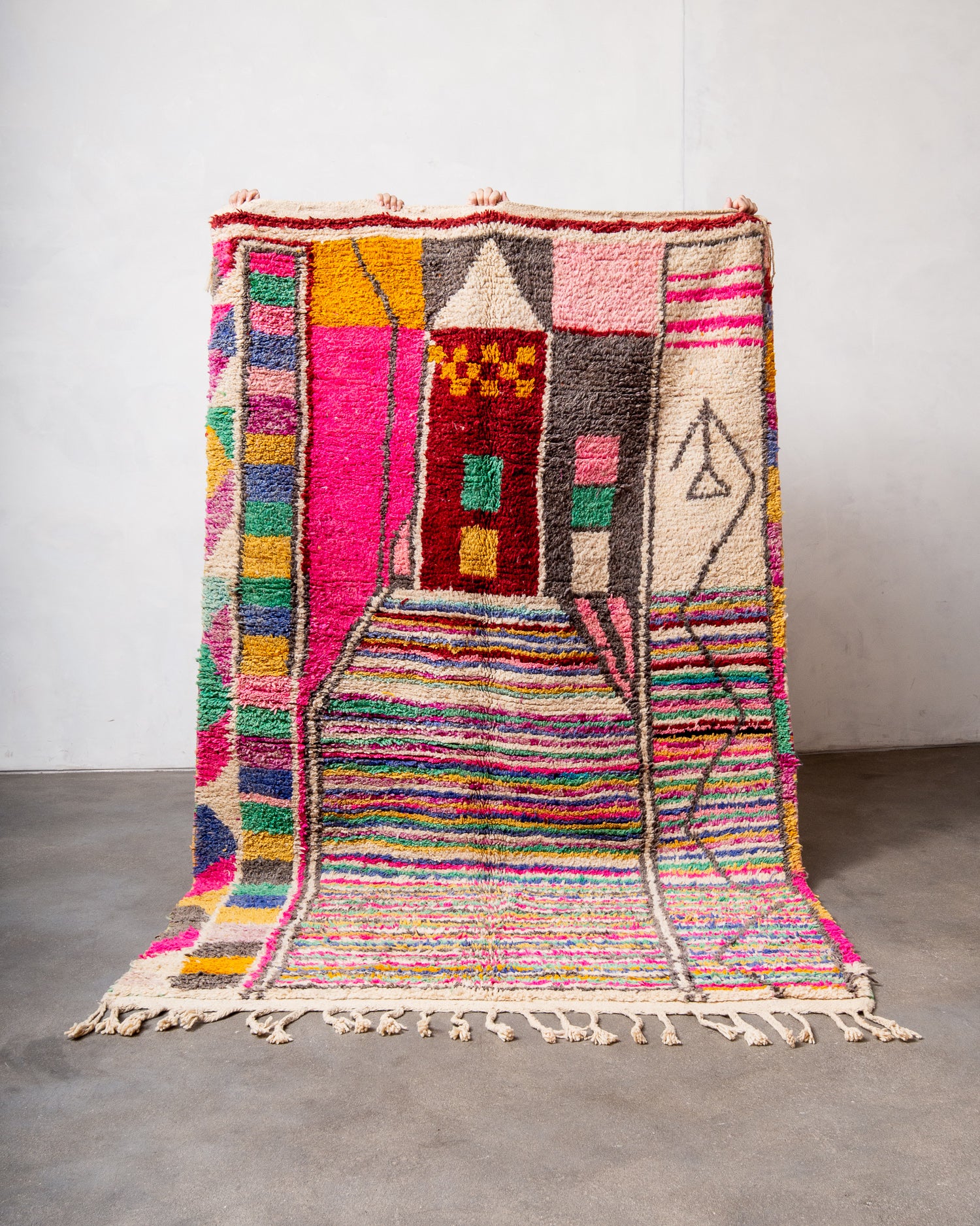 Modern, designer, handcrafted Berber rug from Morocco. Vintage carpet with beautiful colours and patterns and fluffy texture.