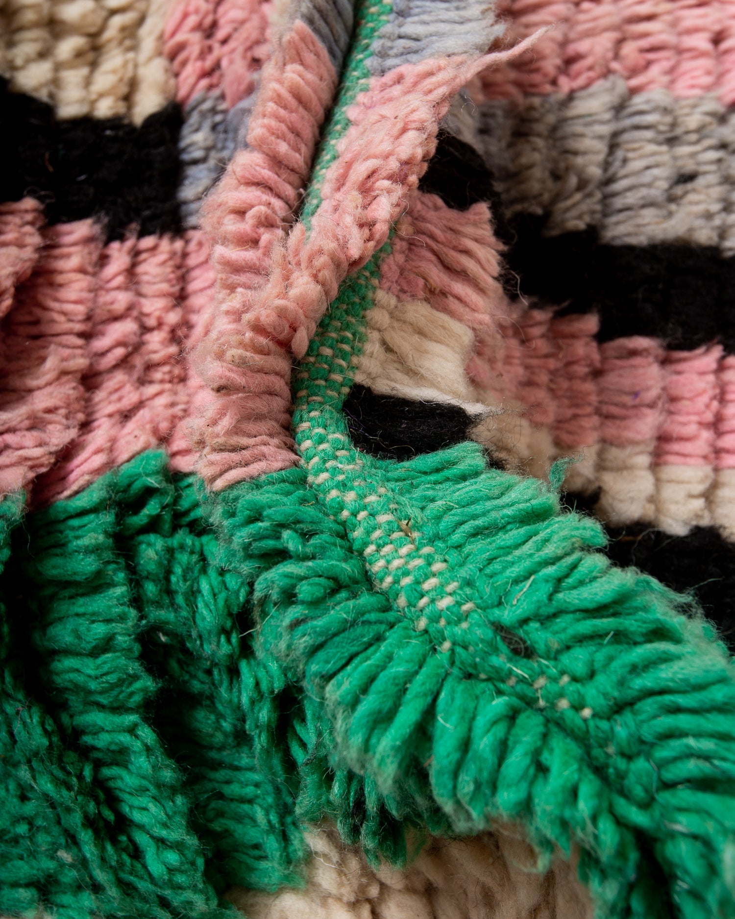 Modern, designer, handcrafted Berber rug from Morocco. Vintage carpet with beautiful colours and patterns and fluffy texture.