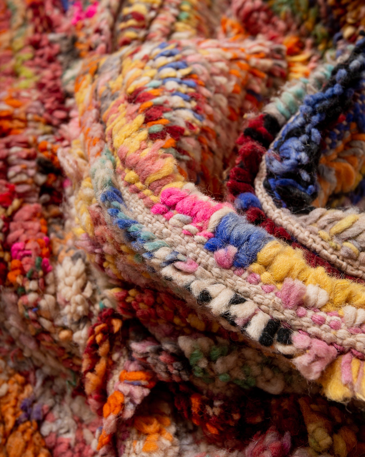 Modern, designer, handcrafted Berber rug from Morocco. Vintage carpet with beautiful colours and patterns and fluffy texture.