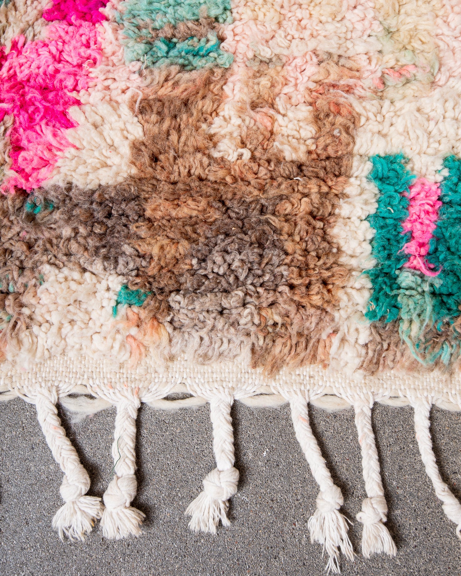 Modern, designer, handcrafted Berber rug from Morocco. Vintage carpet with beautiful colours and patterns and fluffy texture.