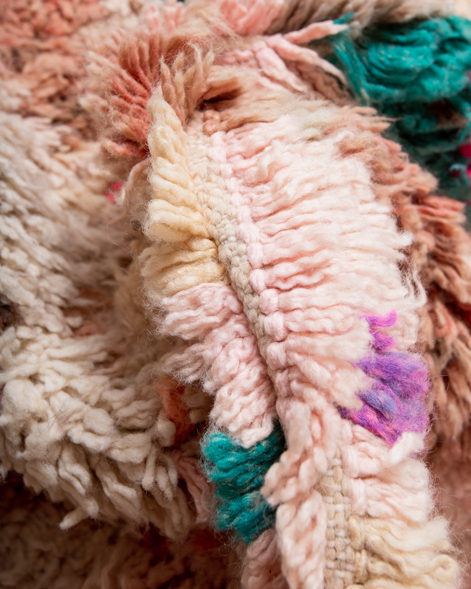 Modern, designer, handcrafted Berber rug from Morocco. Vintage carpet with beautiful colours and patterns and fluffy texture.