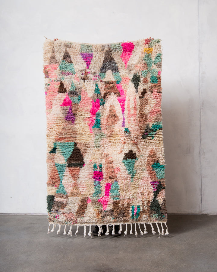 Modern, designer, handcrafted Berber rug from Morocco. Vintage carpet with beautiful colours and patterns and fluffy texture.