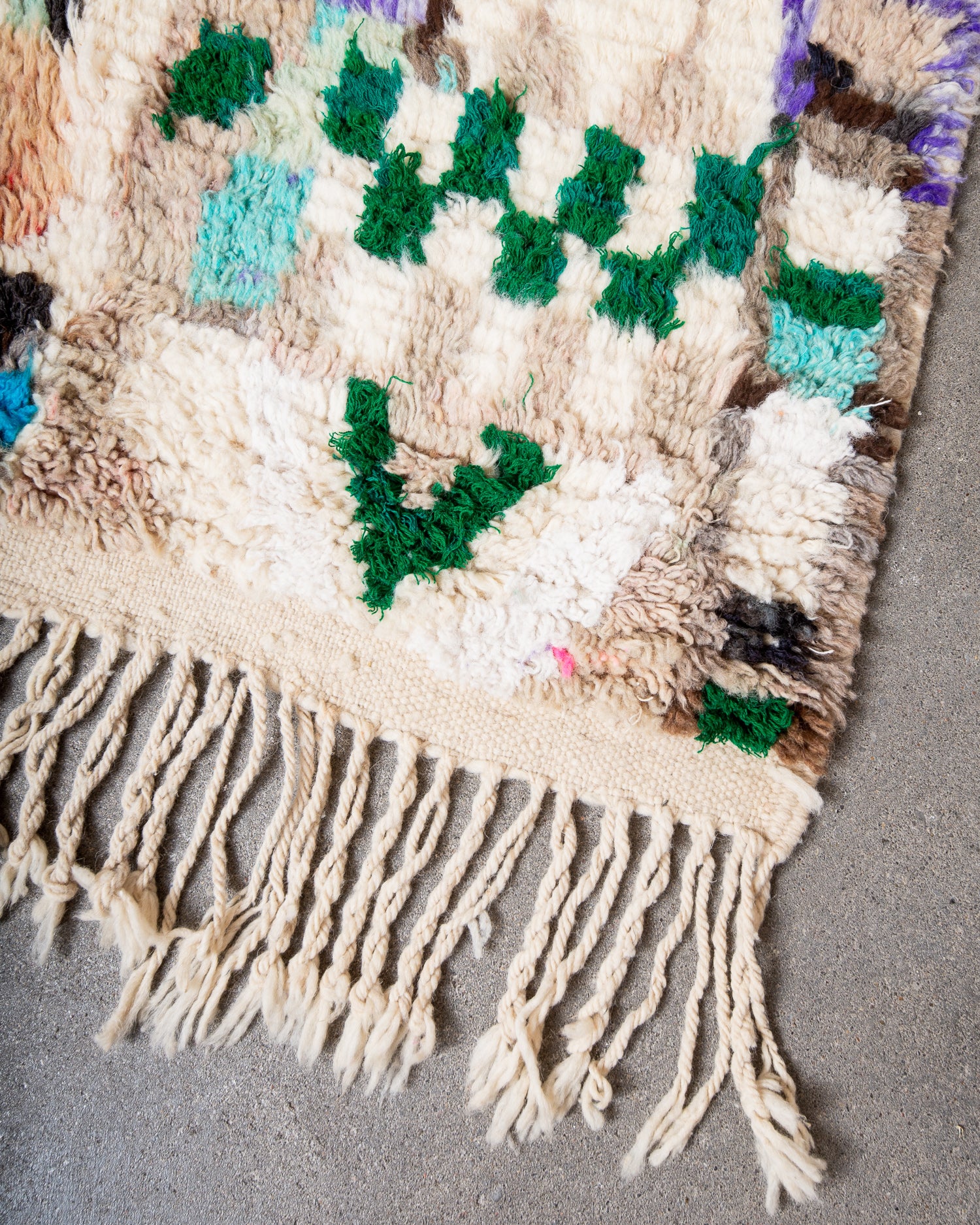 Modern, designer, handcrafted Berber rug from Morocco. Vintage carpet with beautiful colours and patterns and fluffy texture.