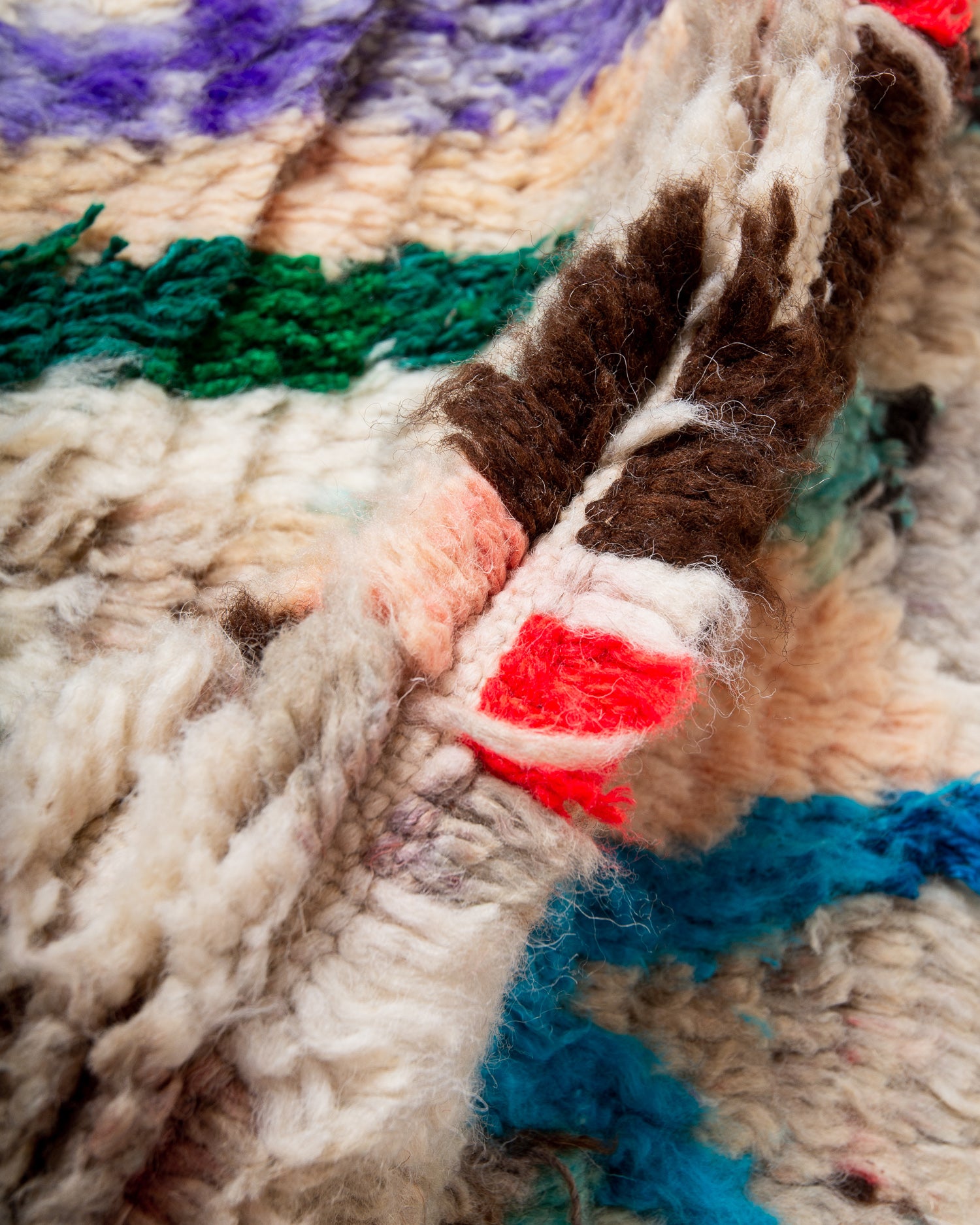 Modern, designer, handcrafted Berber rug from Morocco. Vintage carpet with beautiful colours and patterns and fluffy texture.