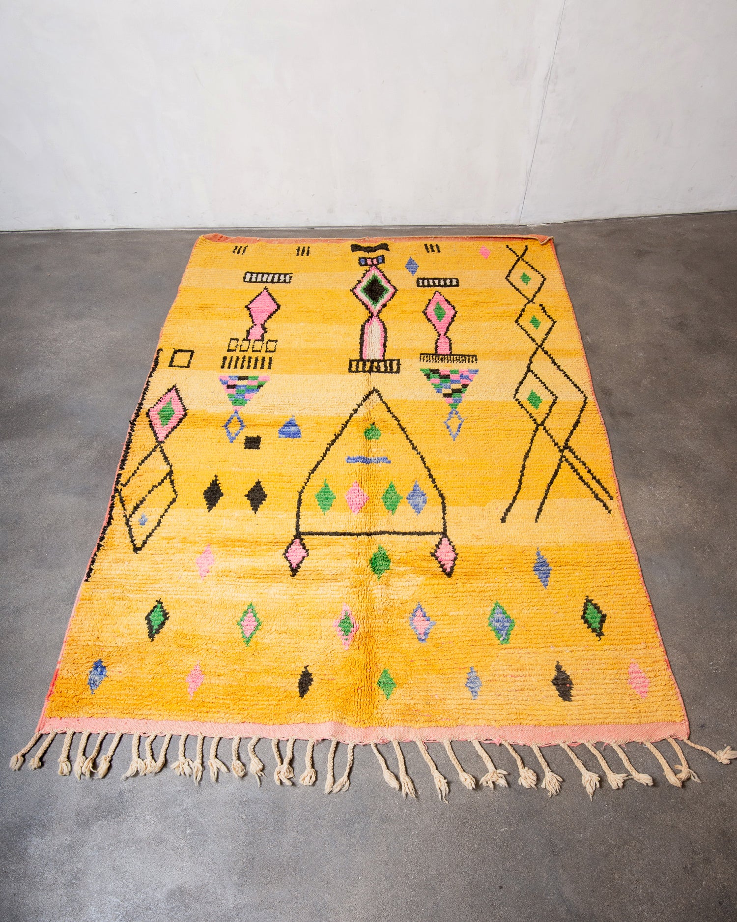 Modern, designer, handcrafted Berber rug from Morocco. Vintage carpet with beautiful colours and patterns and fluffy texture.