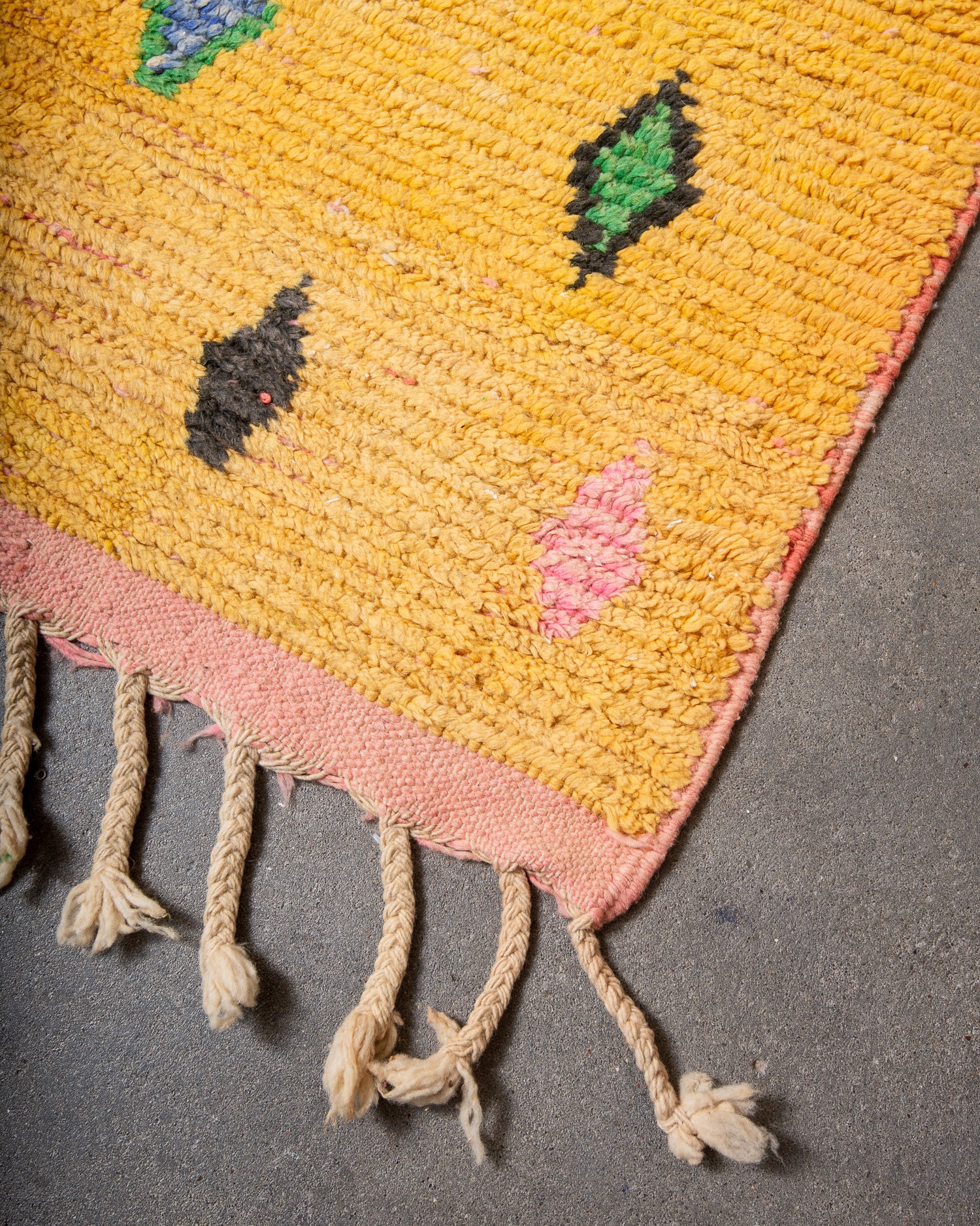 Modern, designer, handcrafted Berber rug from Morocco. Vintage carpet with beautiful colours and patterns and fluffy texture.