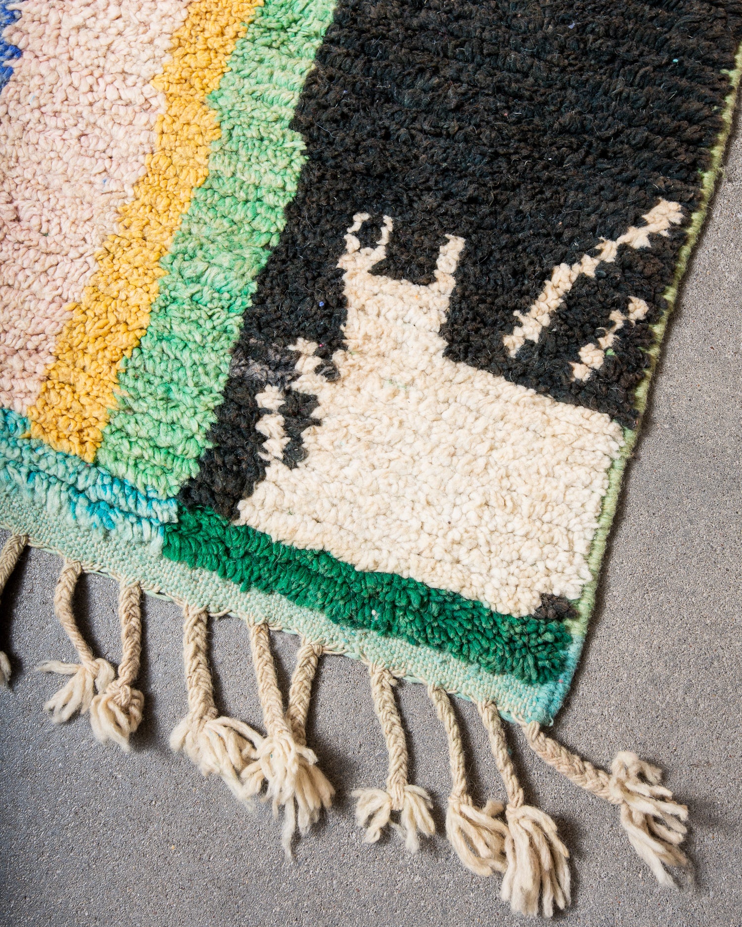 Modern, designer, handcrafted Berber rug from Morocco. Vintage carpet with beautiful colours and patterns and fluffy texture.