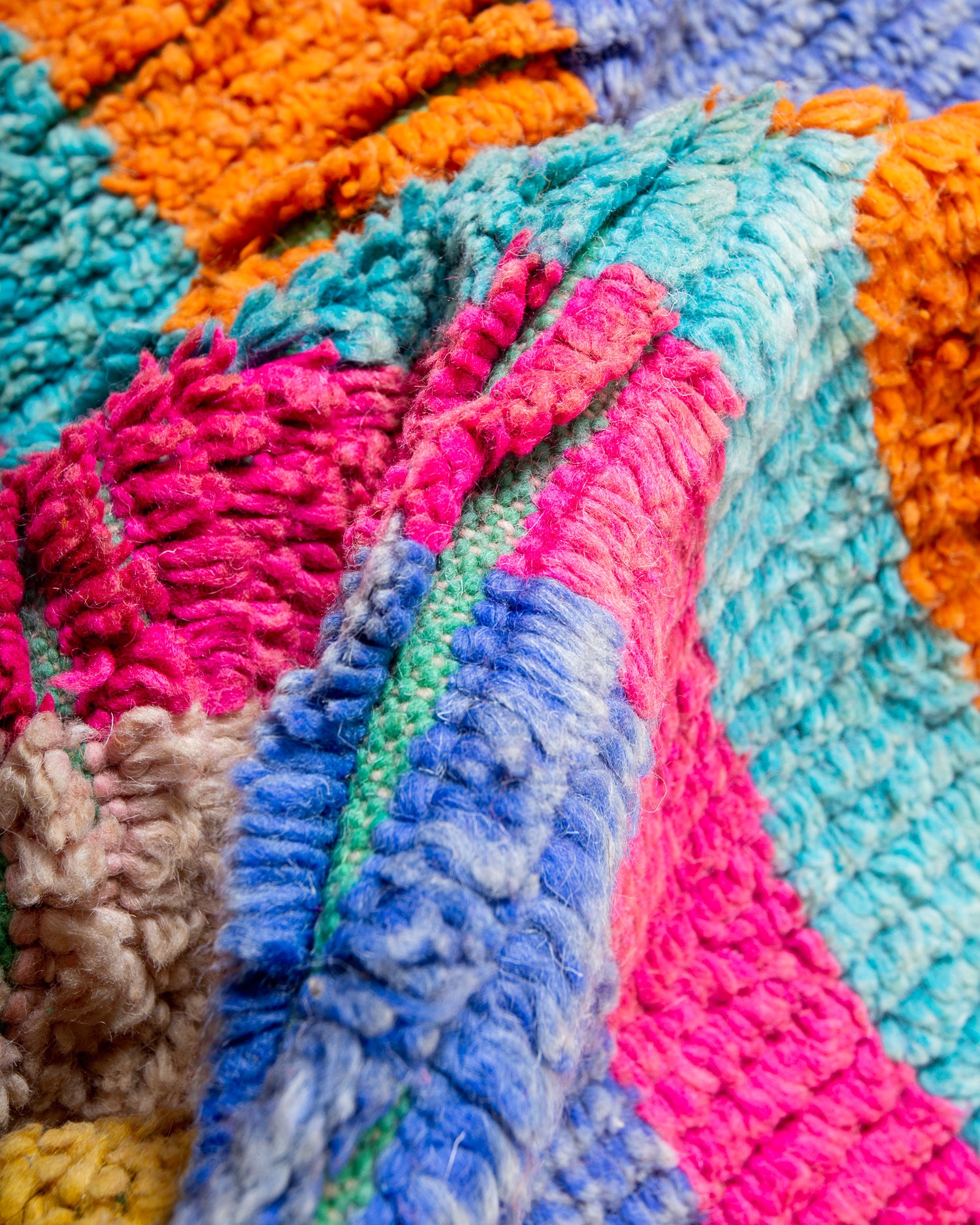 Modern, designer, handcrafted Berber rug from Morocco. Vintage carpet with beautiful colours and patterns and fluffy texture.