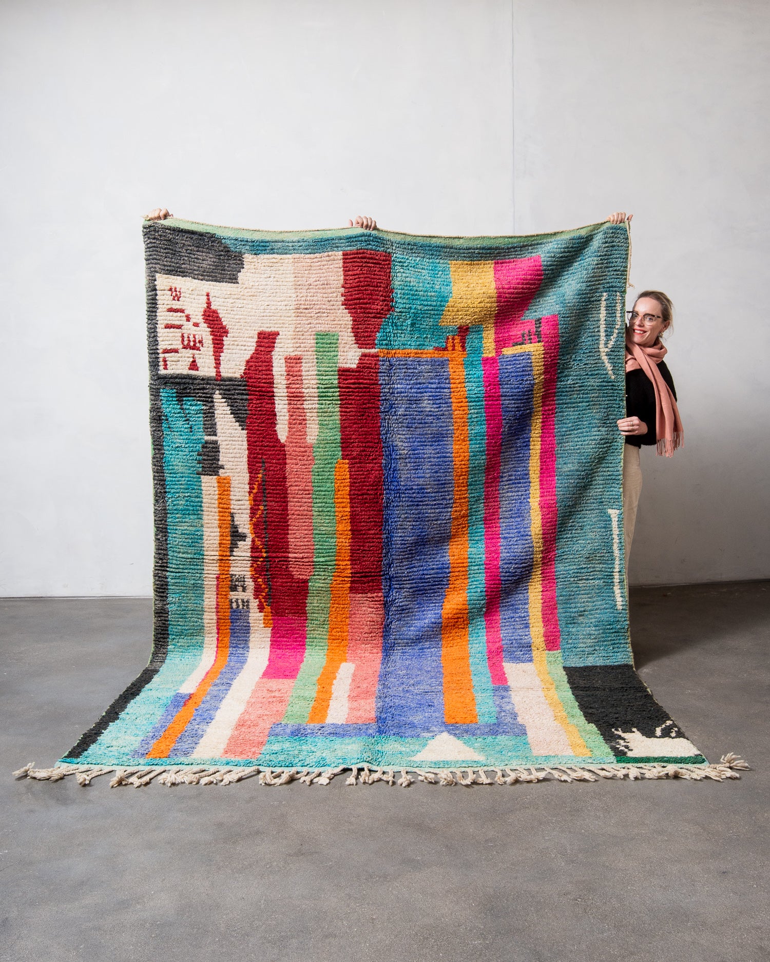 Modern, designer, handcrafted Berber rug from Morocco. Vintage carpet with beautiful colours and patterns and fluffy texture.