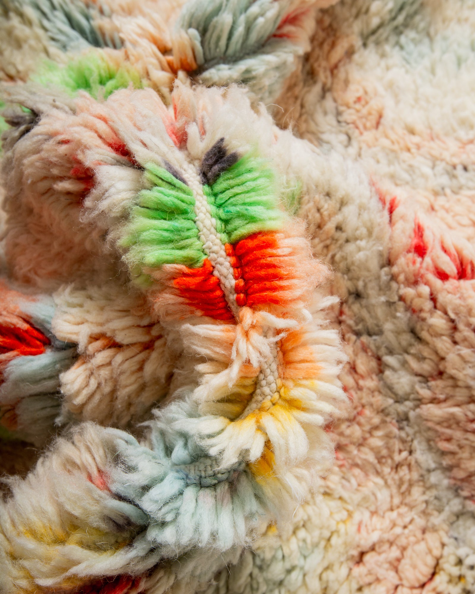 Modern, designer, handcrafted Berber rug from Morocco. Vintage carpet with beautiful colours and patterns and fluffy texture.