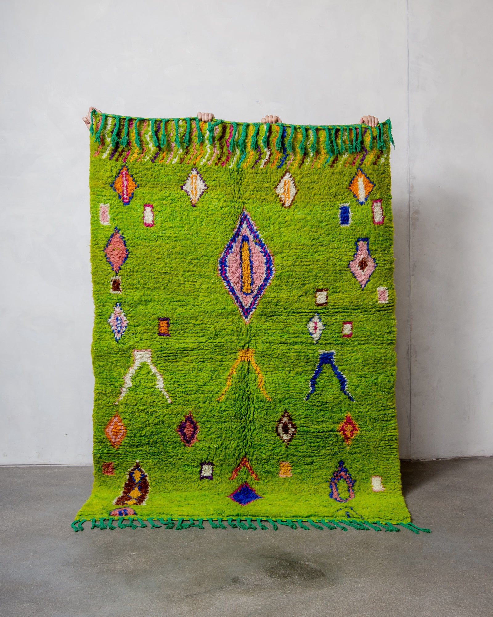 Modern, designer, handcrafted Berber rug from Morocco. Vintage carpet with beautiful colours and patterns and fluffy texture.