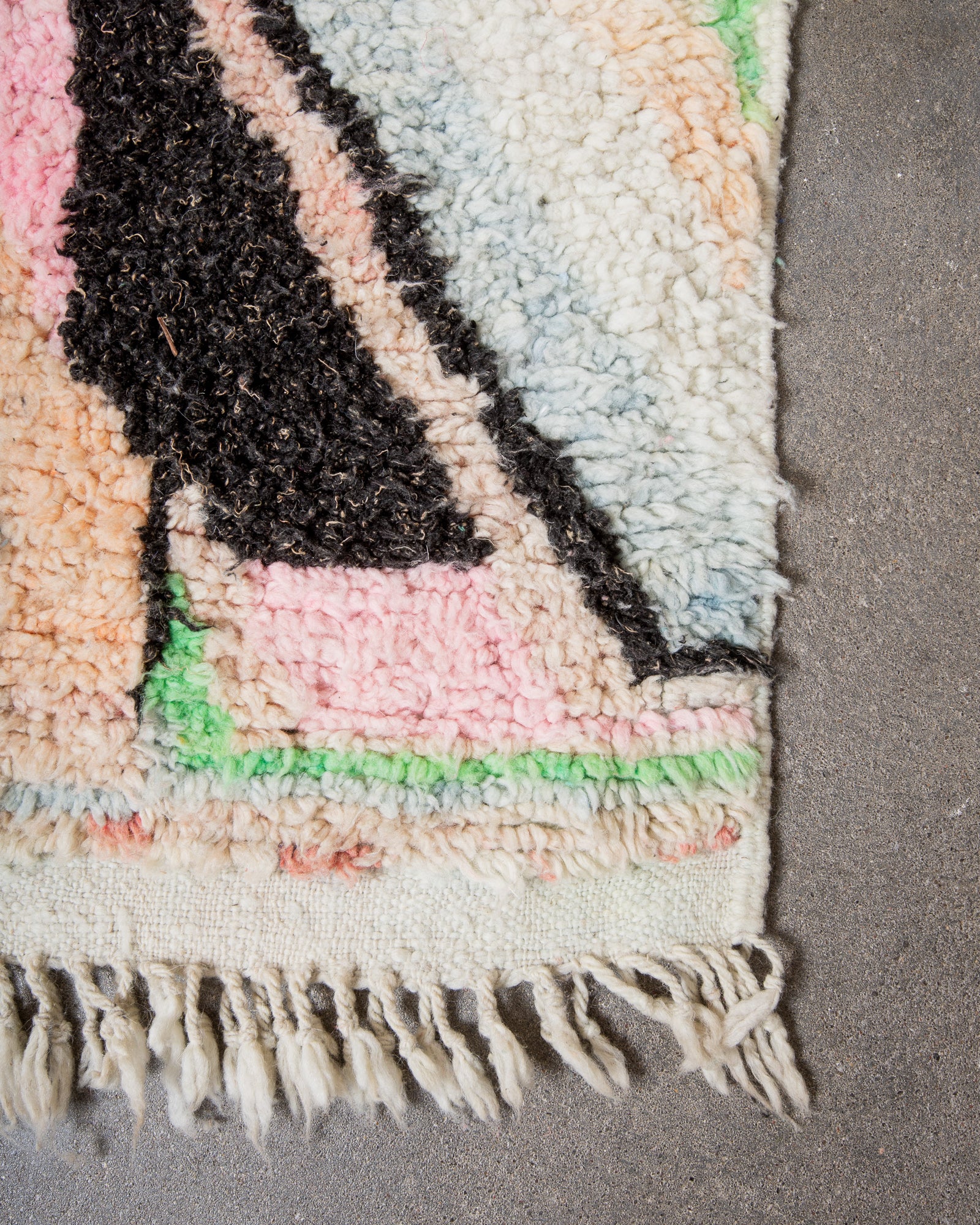 Modern, designer, handcrafted Berber rug from Morocco. Vintage carpet with beautiful colours and patterns and fluffy texture.