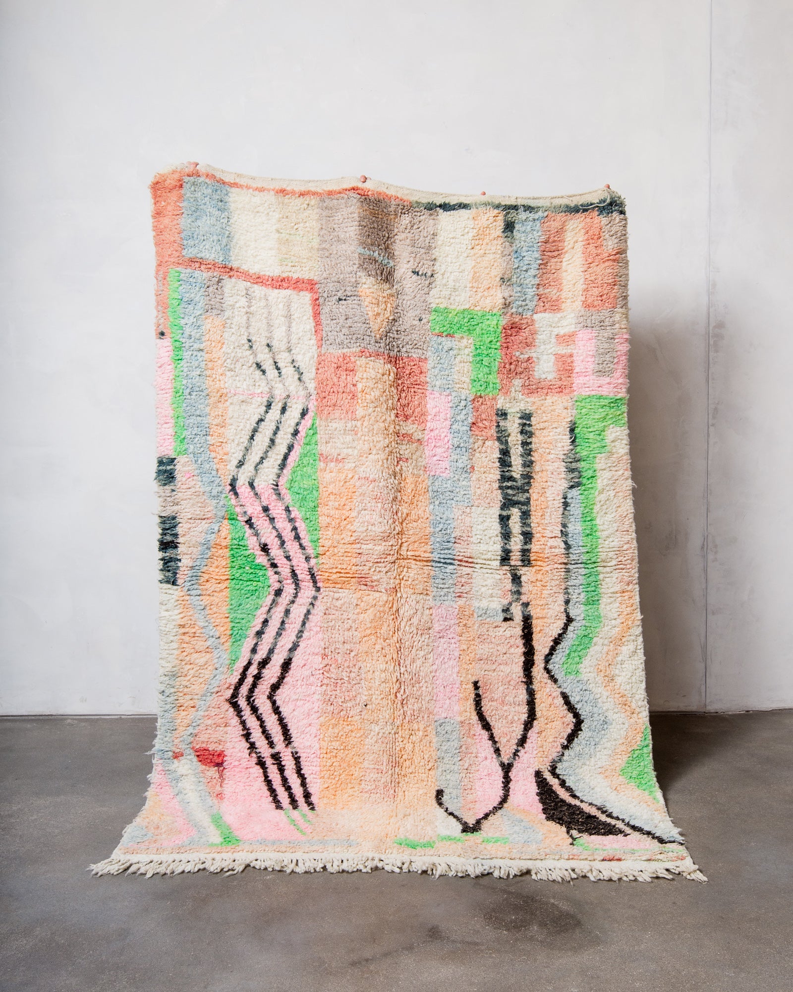 Modern, designer, handcrafted Berber rug from Morocco. Vintage carpet with beautiful colours and patterns and fluffy texture.