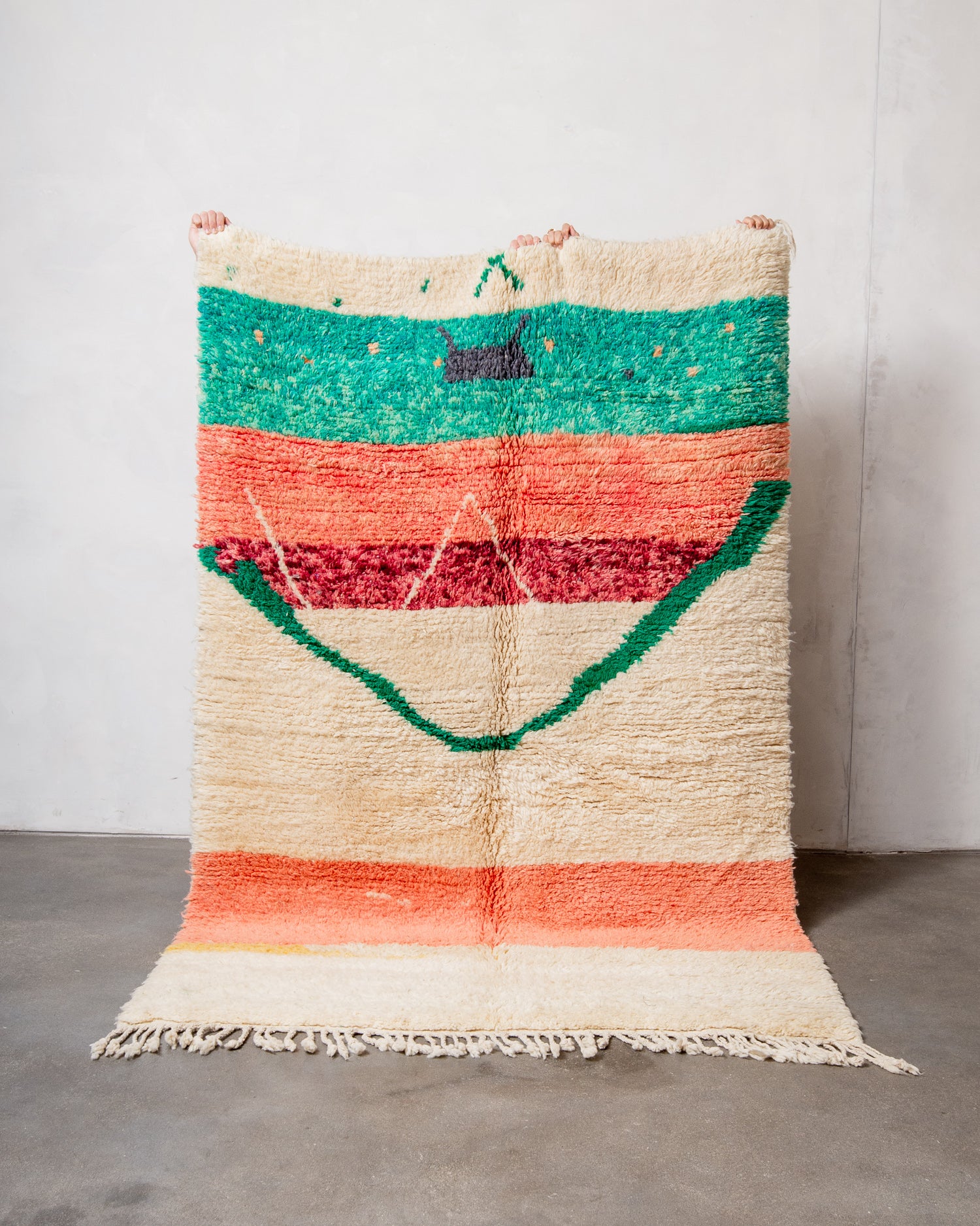 Modern, designer, handcrafted Berber rug from Morocco. Vintage carpet with beautiful colours and patterns and fluffy texture.