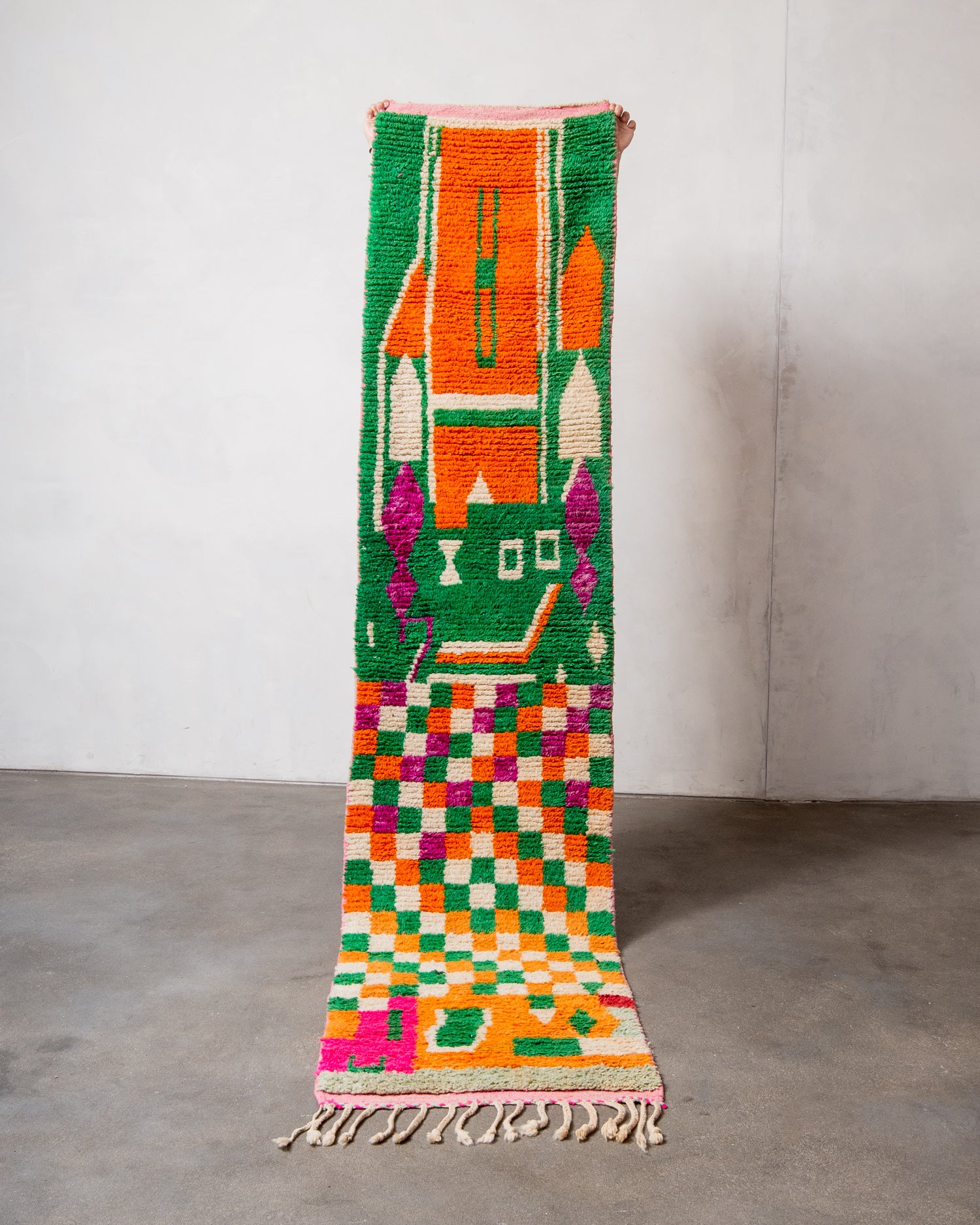 Modern, designer, handcrafted Berber runner rug from Morocco. Vintage carpet with beautiful colours and patterns and fluffy texture.