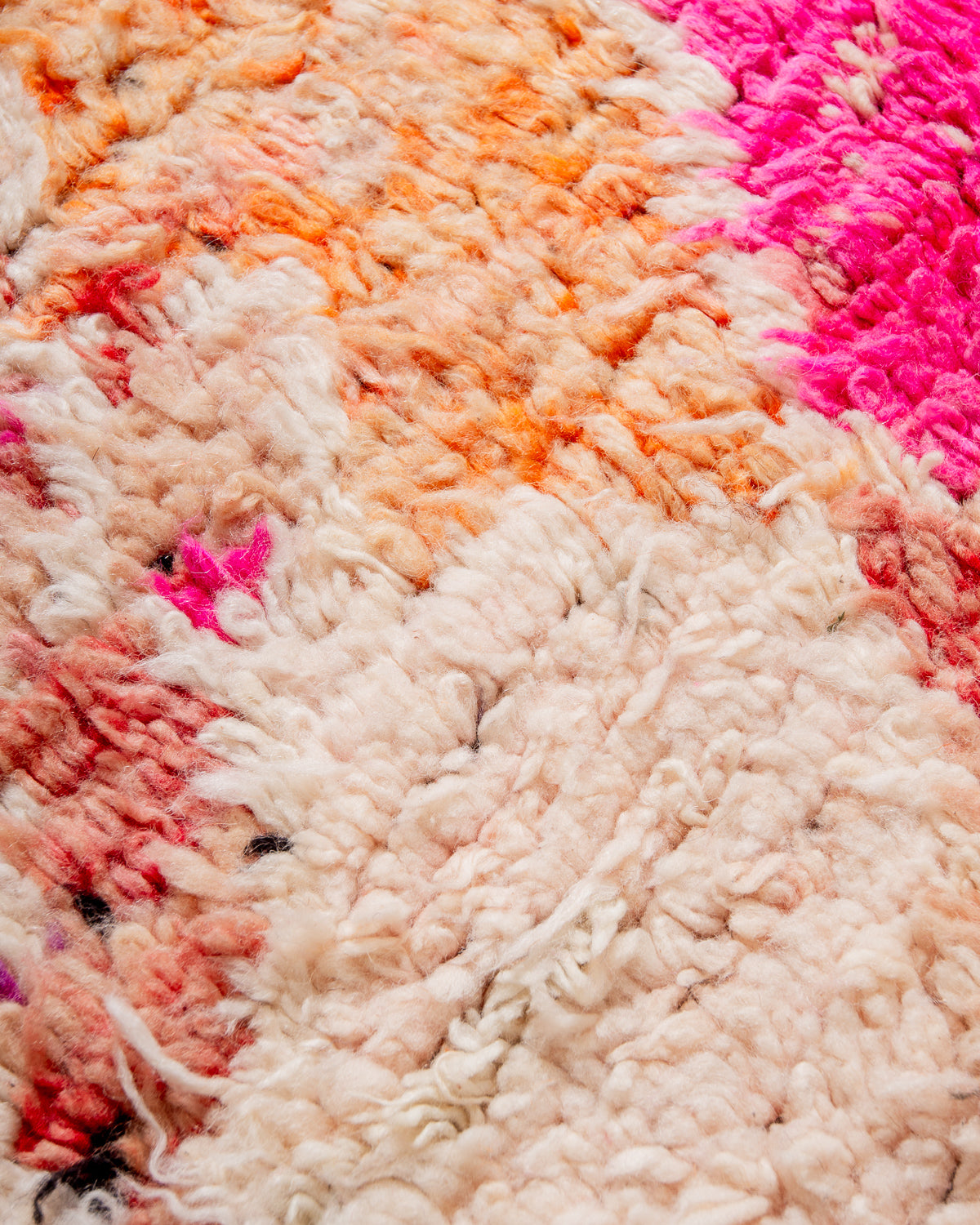 Modern, designer, handcrafted Berber rug from Morocco. Vintage carpet with beautiful colours and patterns and fluffy texture.