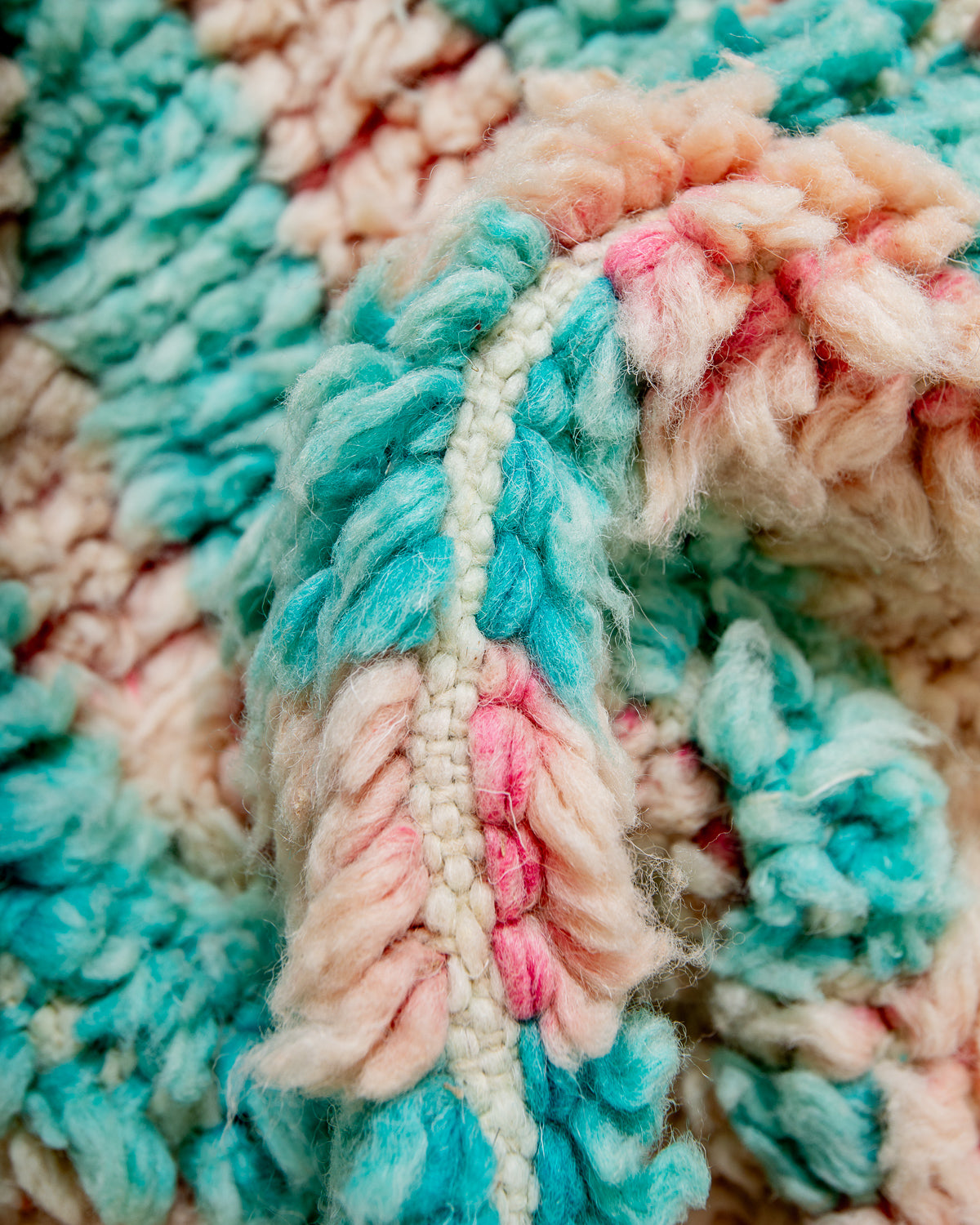 Modern, designer, handcrafted Berber rug from Morocco. Vintage carpet with beautiful colours and patterns and fluffy texture.