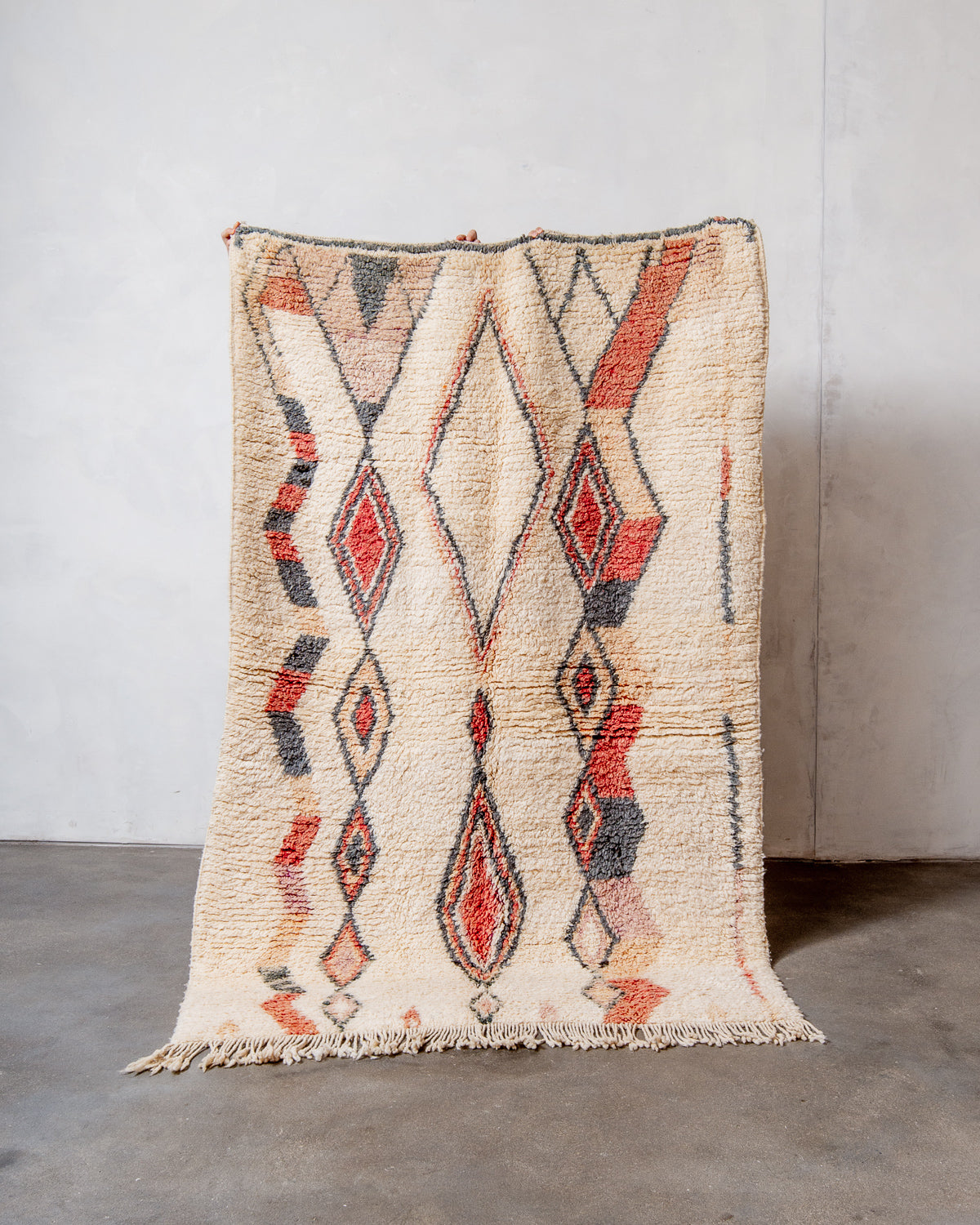 Modern, designer, handcrafted Berber rug from Morocco. Vintage carpet with beautiful colours and patterns and fluffy texture.