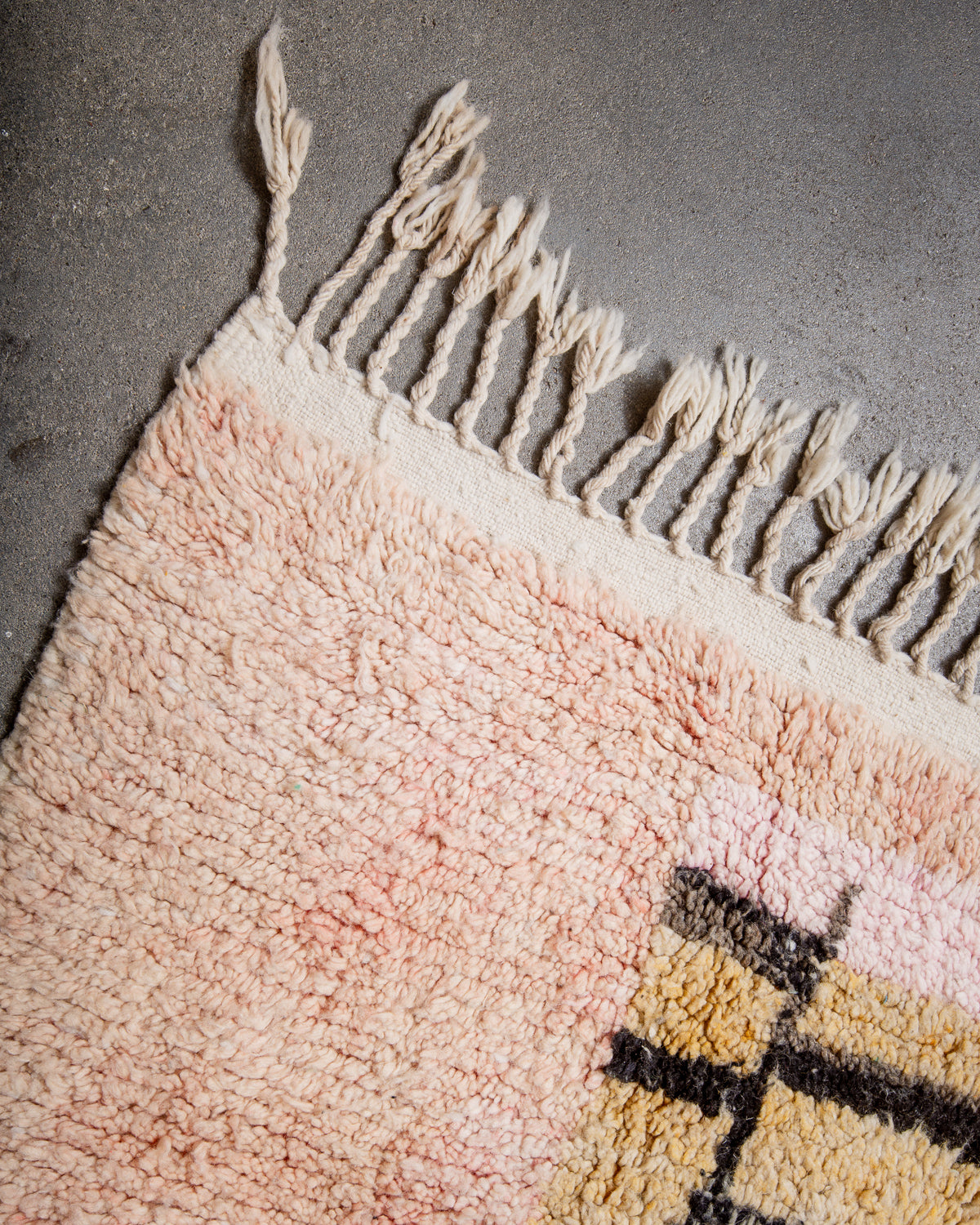 Modern, designer, handcrafted Berber rug from Morocco. Vintage carpet with beautiful colours and patterns and fluffy texture.