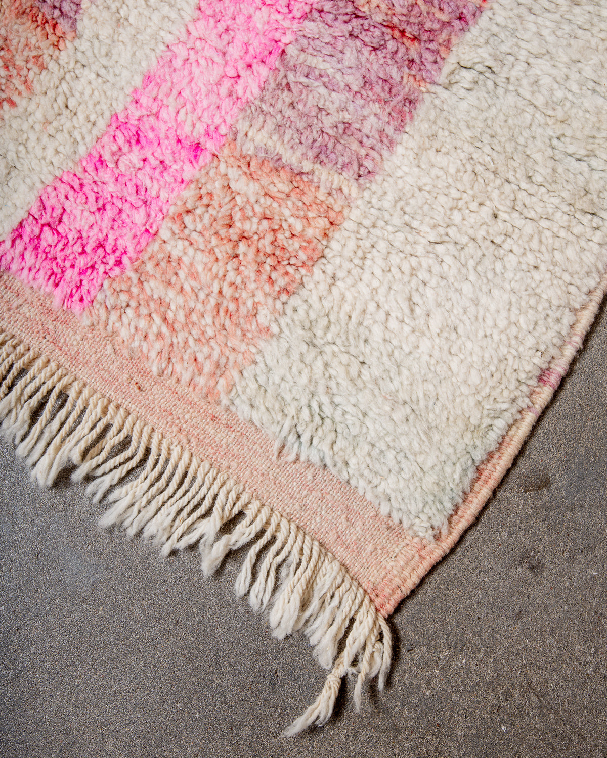 Modern, designer, handcrafted Berber rug from Morocco. Vintage carpet with beautiful colours and patterns and fluffy texture.