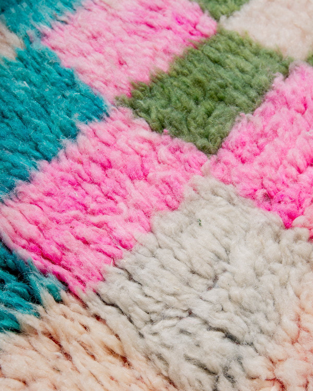 Modern, designer, handcrafted Berber rug from Morocco. Vintage carpet with beautiful colours and patterns and fluffy texture.