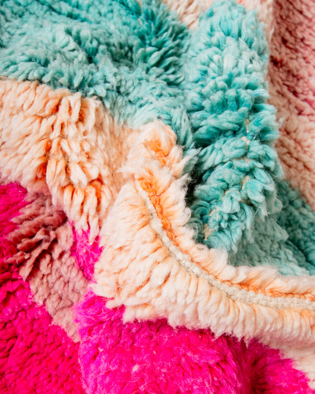 Modern, designer, handcrafted Berber runner rug from Morocco. Vintage carpet with beautiful colours and patterns and fluffy texture.