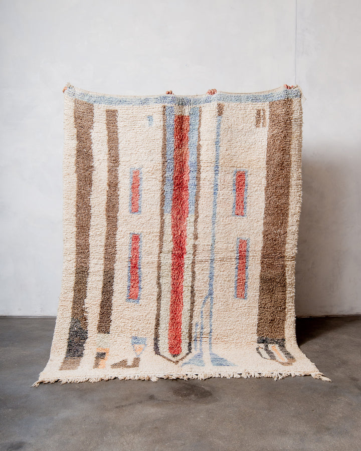 Modern, designer, handcrafted Berber runner rug from Morocco. Vintage carpet with beautiful colours and patterns and fluffy texture.