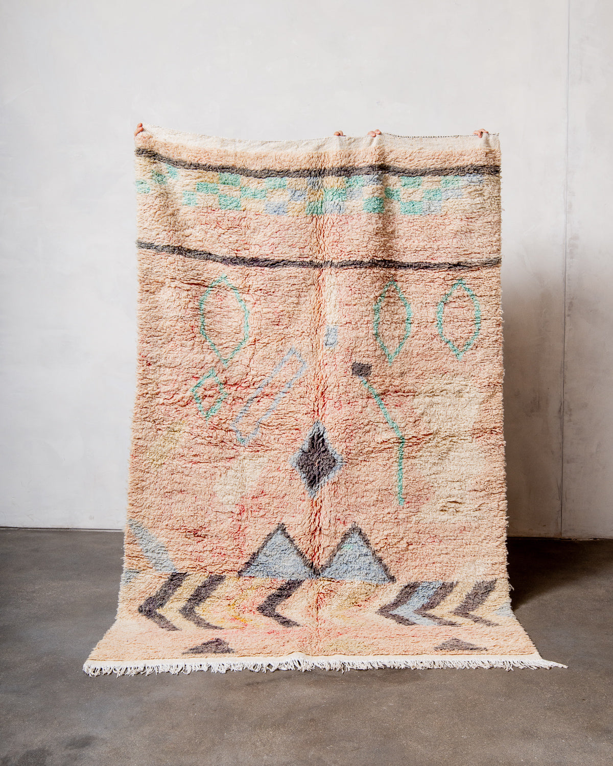 Modern, designer, handcrafted Berber runner rug from Morocco. Vintage carpet with beautiful colours and patterns and fluffy texture.