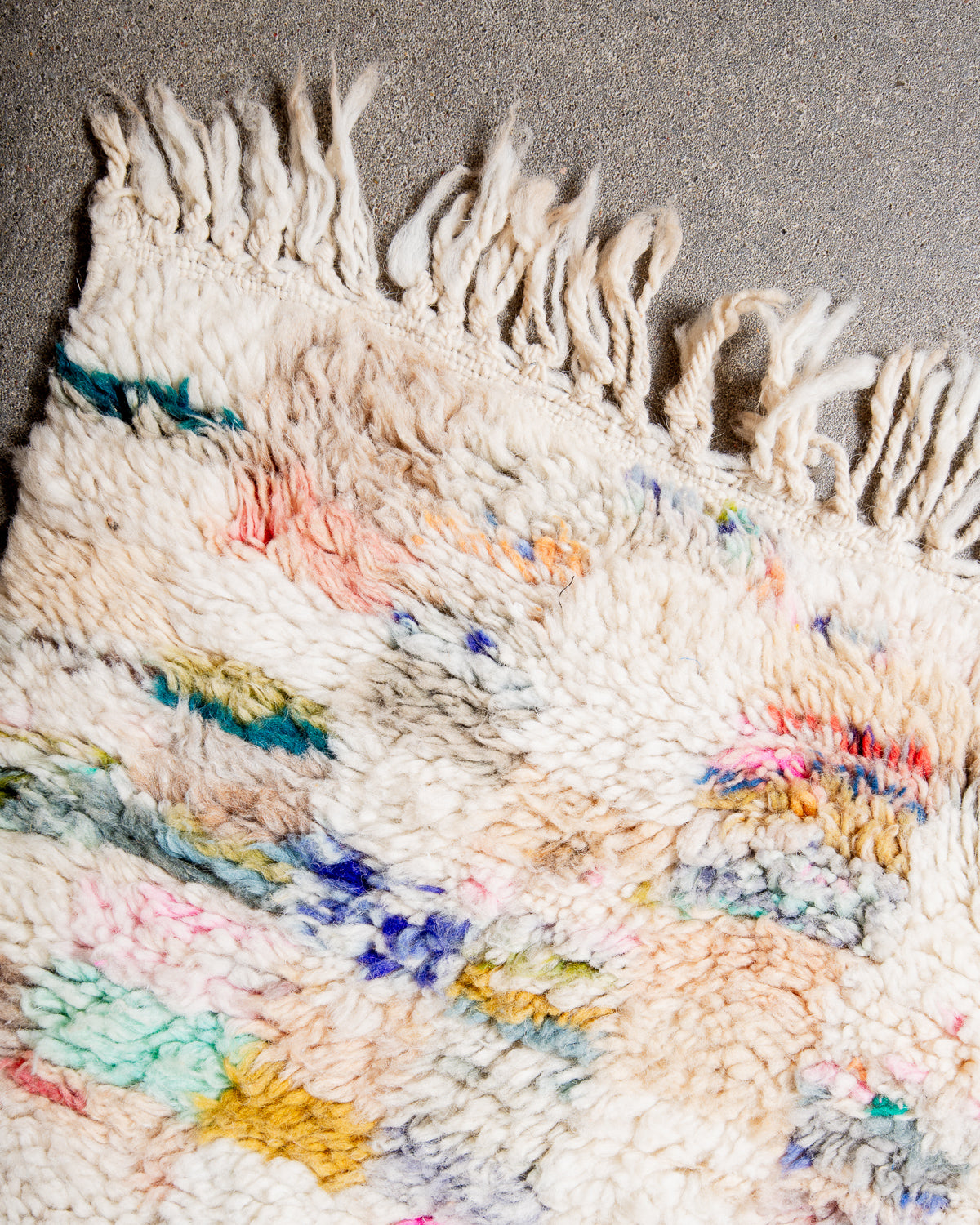 Modern, designer, handcrafted Berber rug from Morocco. Vintage carpet with beautiful colours and patterns and fluffy texture.