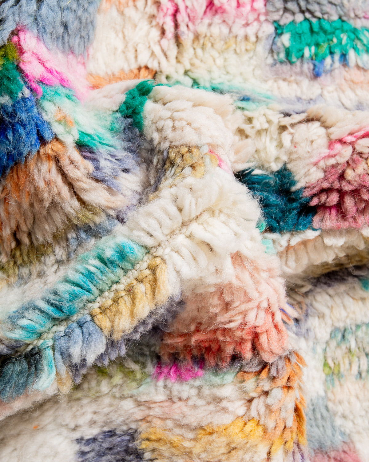 Modern, designer, handcrafted Berber rug from Morocco. Vintage carpet with beautiful colours and patterns and fluffy texture.