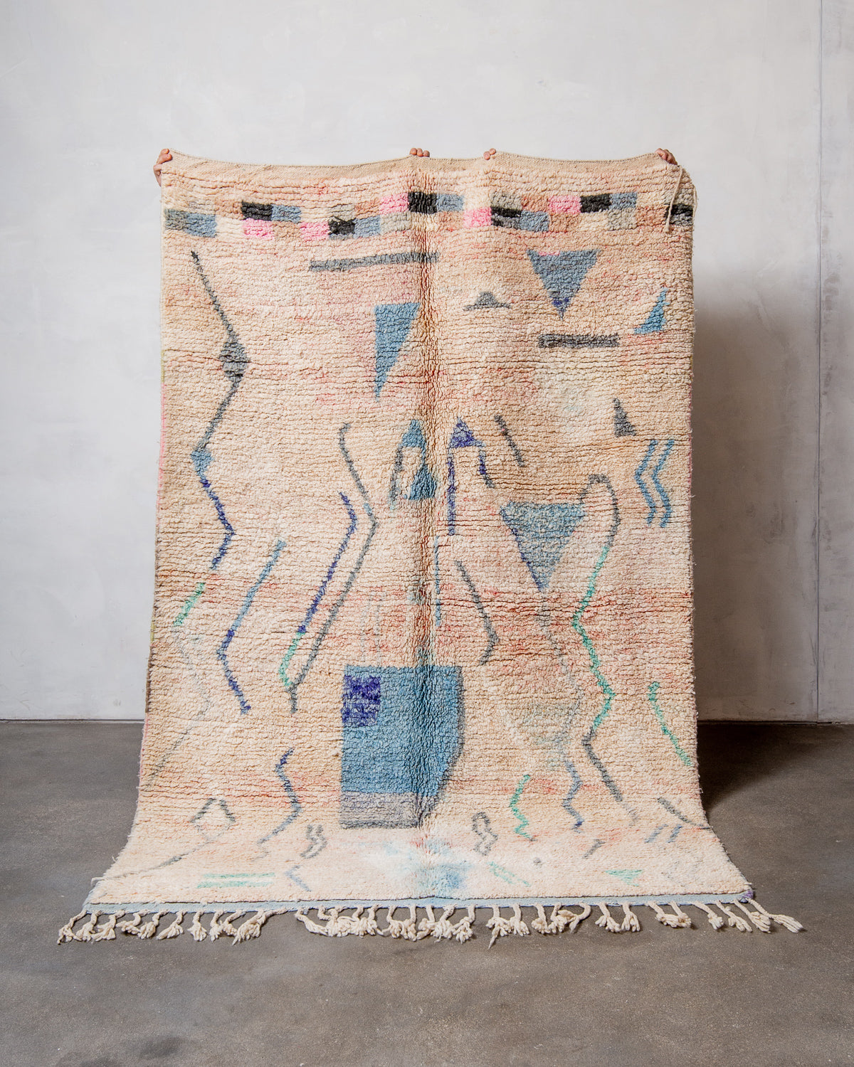 Modern, designer, handcrafted Berber rug from Morocco. Vintage carpet with beautiful colours and patterns and fluffy texture.