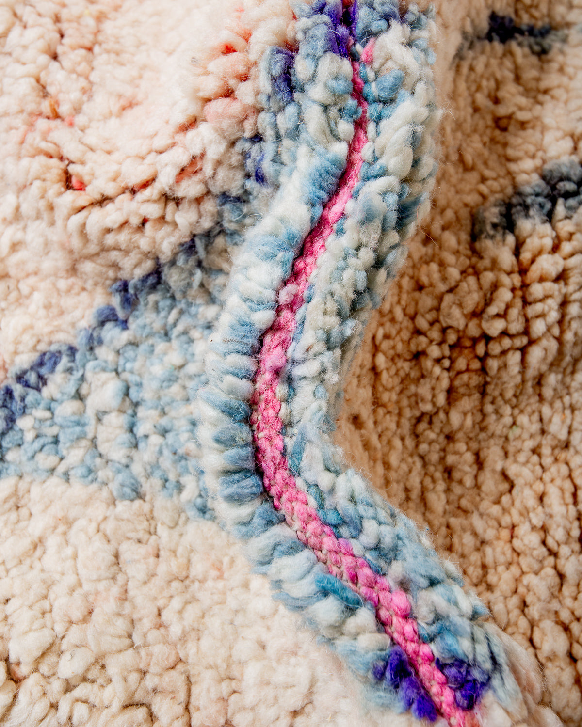 Modern, designer, handcrafted Berber rug from Morocco. Vintage carpet with beautiful colours and patterns and fluffy texture.