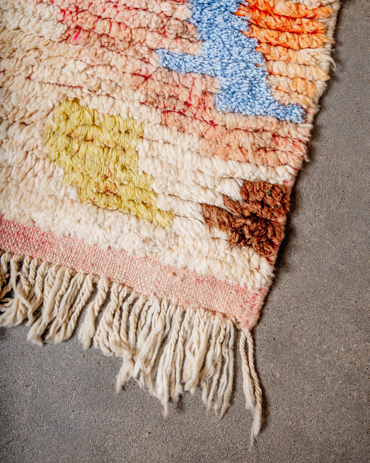 Modern, designer, handcrafted Berber rug from Morocco. Vintage carpet with beautiful colours and patterns and fluffy texture.