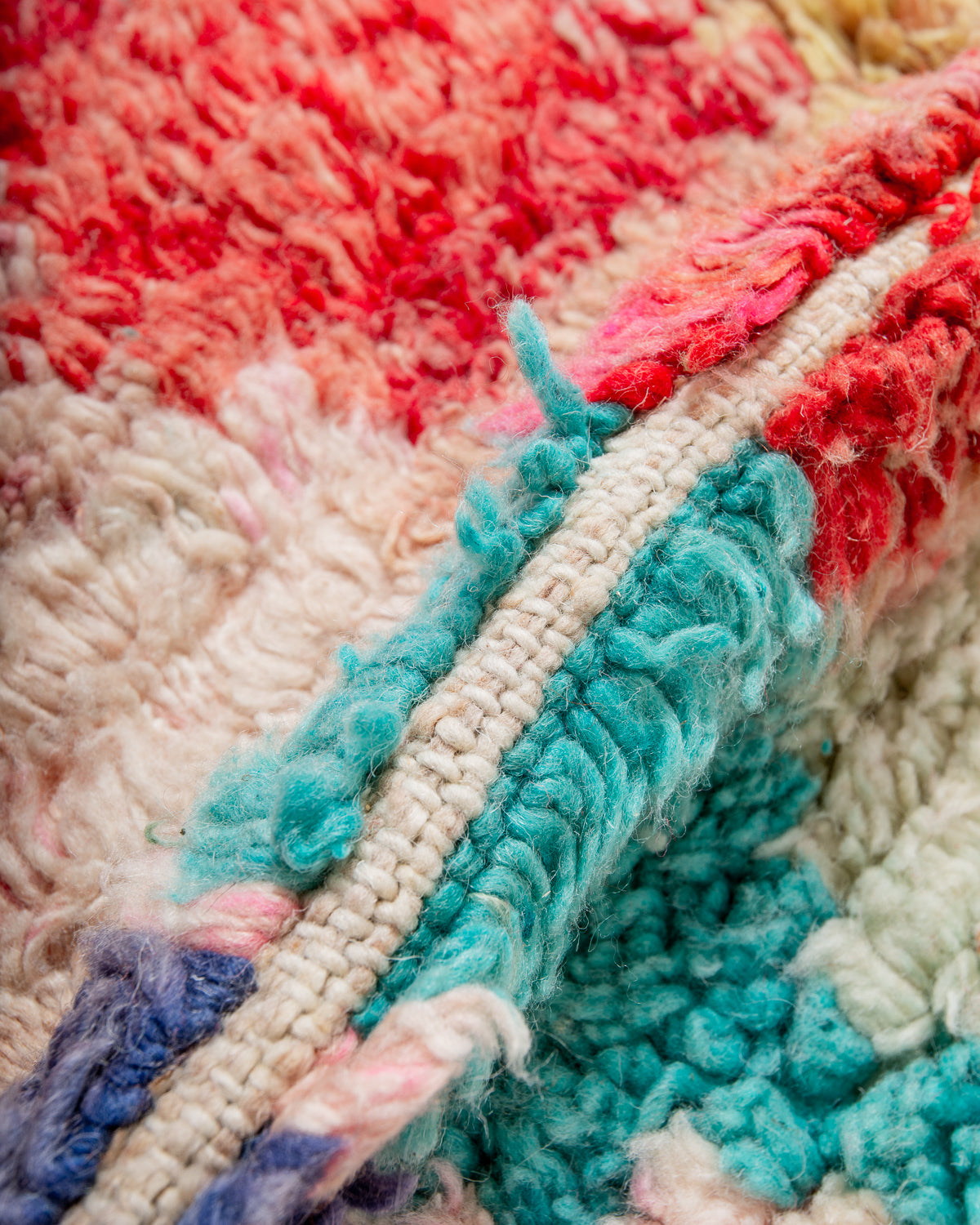 Modern, designer, handcrafted Berber rug from Morocco. Vintage carpet with beautiful colours and patterns and fluffy texture.