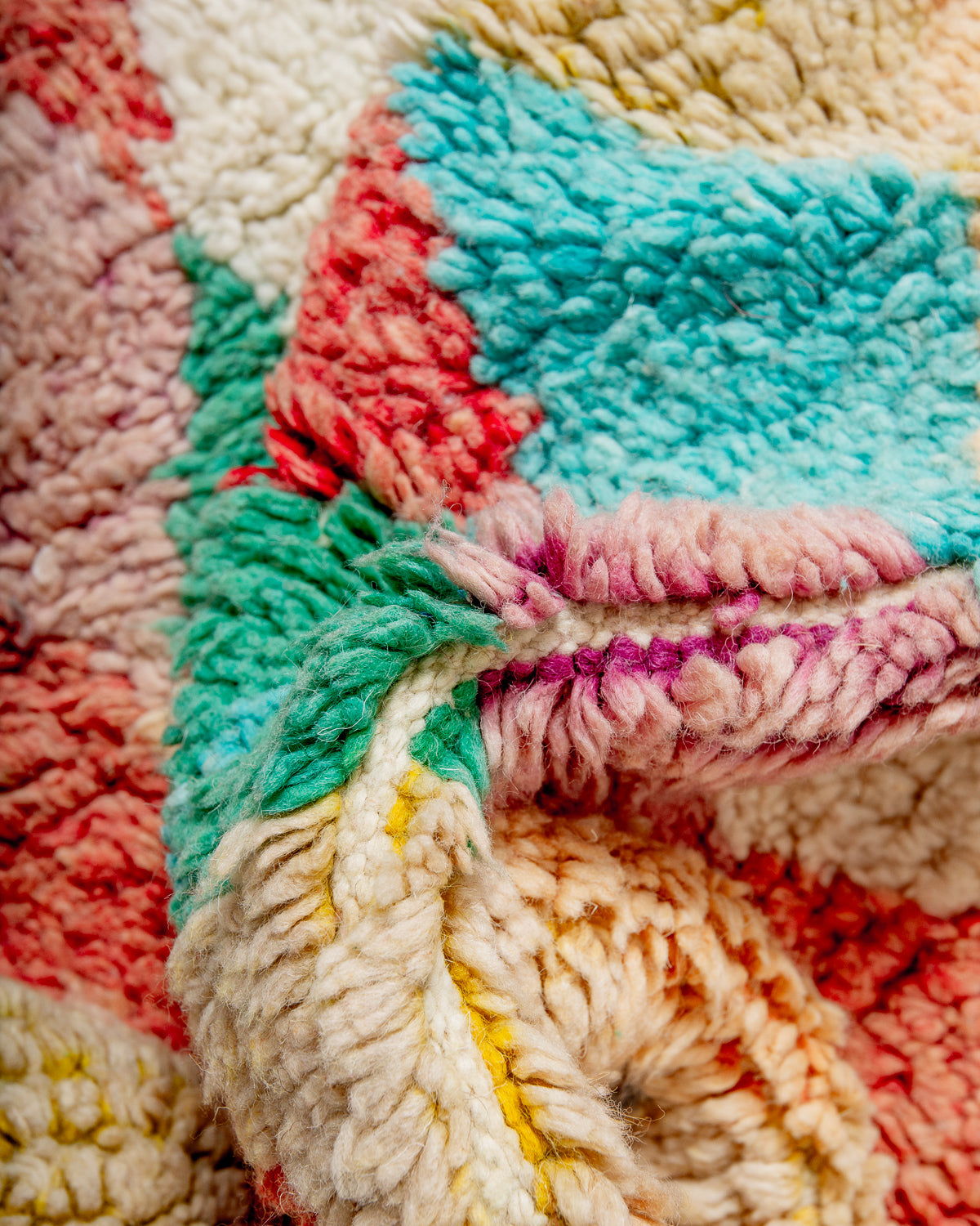 Modern, designer, handcrafted Berber rug from Morocco. Vintage carpet with beautiful colours and patterns and fluffy texture.