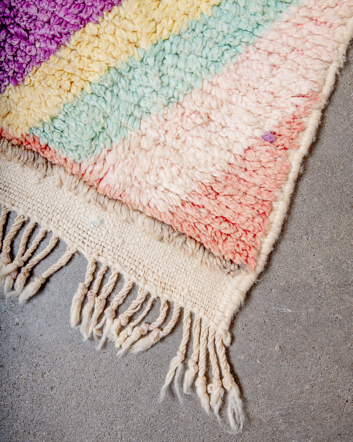 Modern, designer, handcrafted Berber rug from Morocco. Vintage carpet with beautiful colours and patterns and fluffy texture.