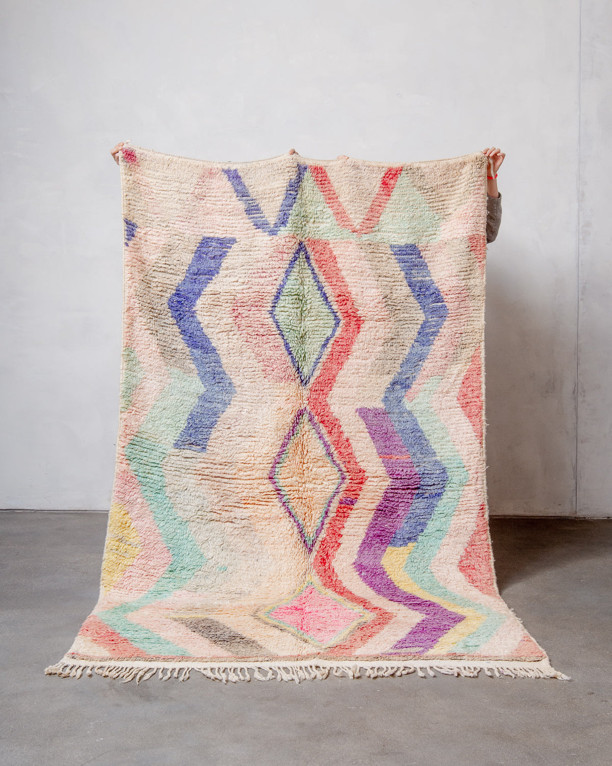 Modern, designer, handcrafted Berber rug from Morocco. Vintage carpet with beautiful colours and patterns and fluffy texture.