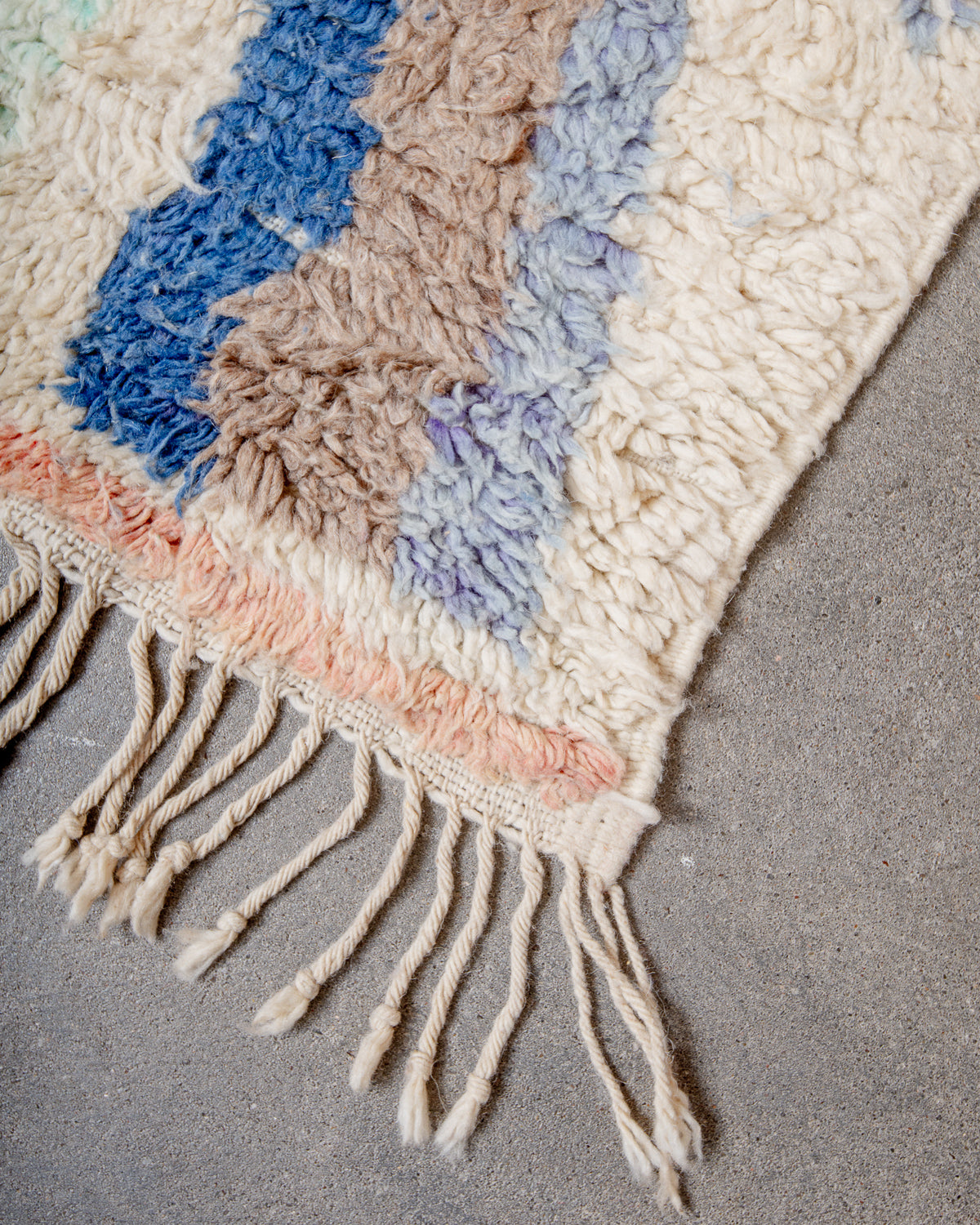 Modern, designer, handcrafted Berber rug from Morocco. Vintage carpet with beautiful colours and patterns and fluffy texture.