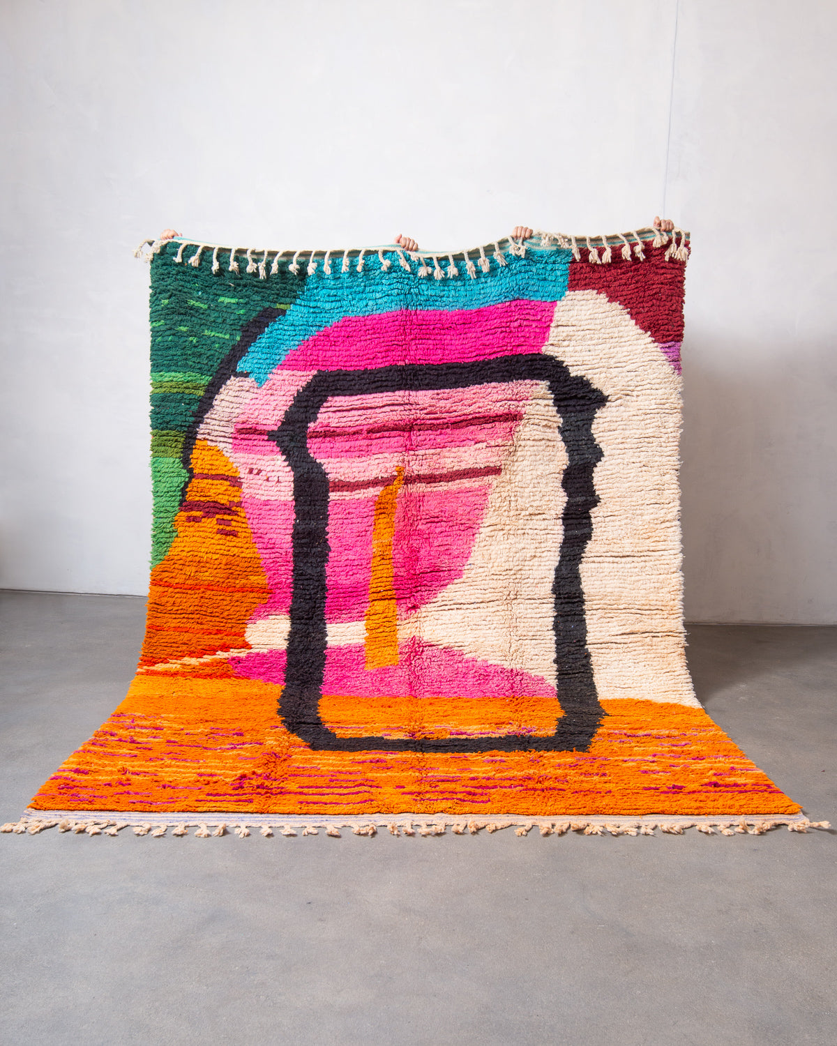 Modern, designer, handcrafted Berber rug from Morocco. Vintage carpet with beautiful colours and patterns and fluffy texture.