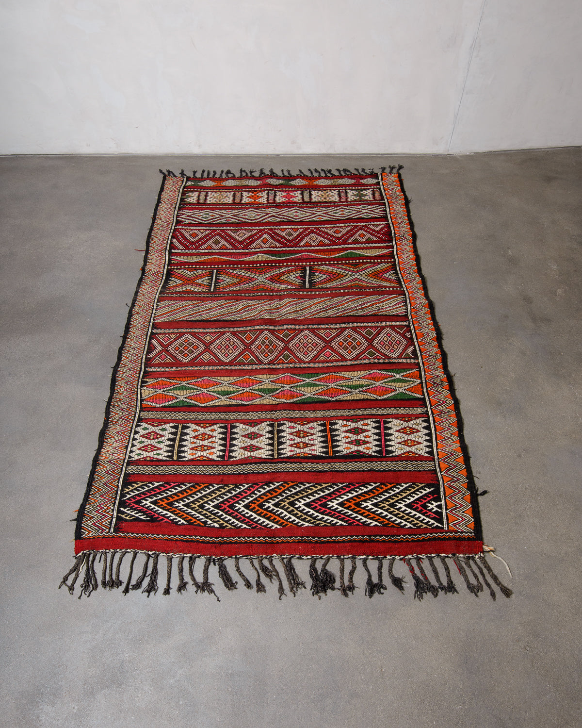 Modern, designer, handcrafted Berber rug from Morocco. Vintage Kelim carpet with beautiful designs and robust flat weave out of wool.