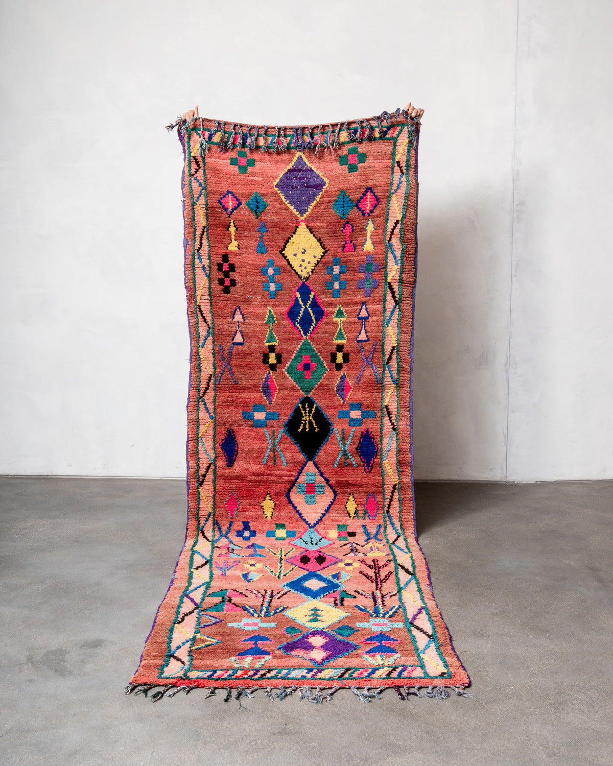 Modern, designer, handcrafted Berber runner rug from Morocco. Vintage carpet with beautiful colours and patterns and fluffy texture.